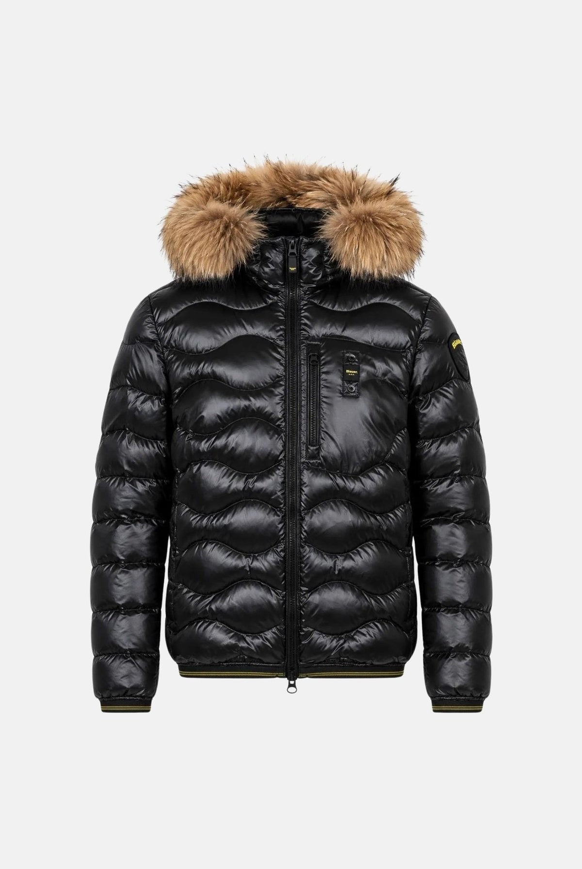 BLAUER Piumino WAVEFUR Nero nero intenso da uomo in nylon lucido con imbottitura naturale in piumino d'anatra, trapuntatura orizzontale a onde, cappuccio fisso con bordo in pelliccia, chiusura frontale con zip integrale, tasche laterali con zip e tas 26WBLUC03065-006355 999 BLAUER