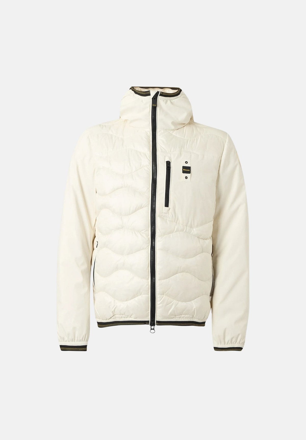BLAUER Giubbotto ALBERT Bianco Neve cappuccio fisso, chiusura frontale con zip integrale nera a contrasto, trapuntatura ondulata e tasche con zip. 26WBLUC08068-006355 102 BLAUER