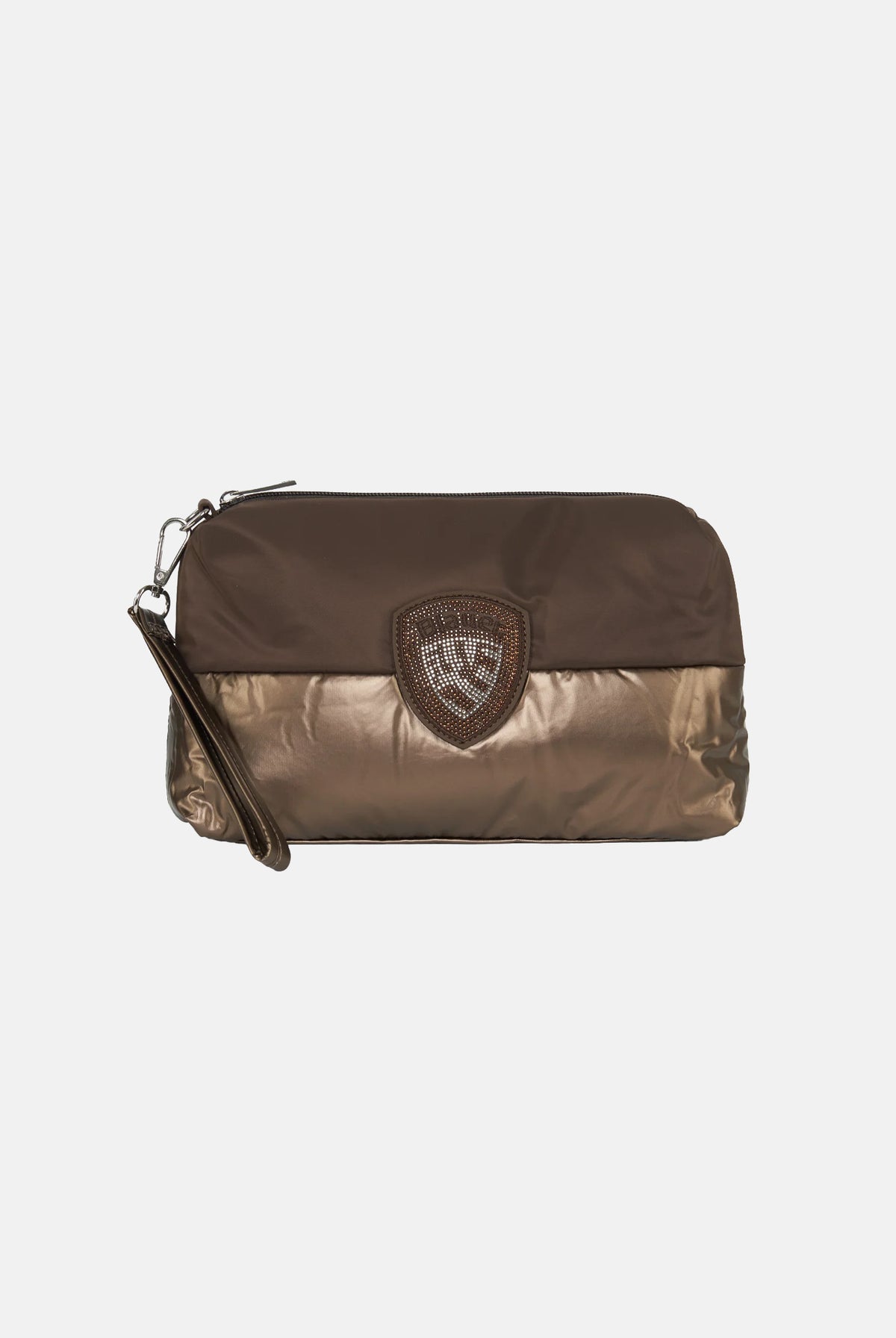 BLAUER Pochette MIRA01/PAD Dark Brown marrone scuro da donna, in tessuto imbottito semilucido, con chiusura a zip, scudetto frontale decorato con microstrass e cinturino da polso removibile. F6MIRA01PAD DKB BLAUER