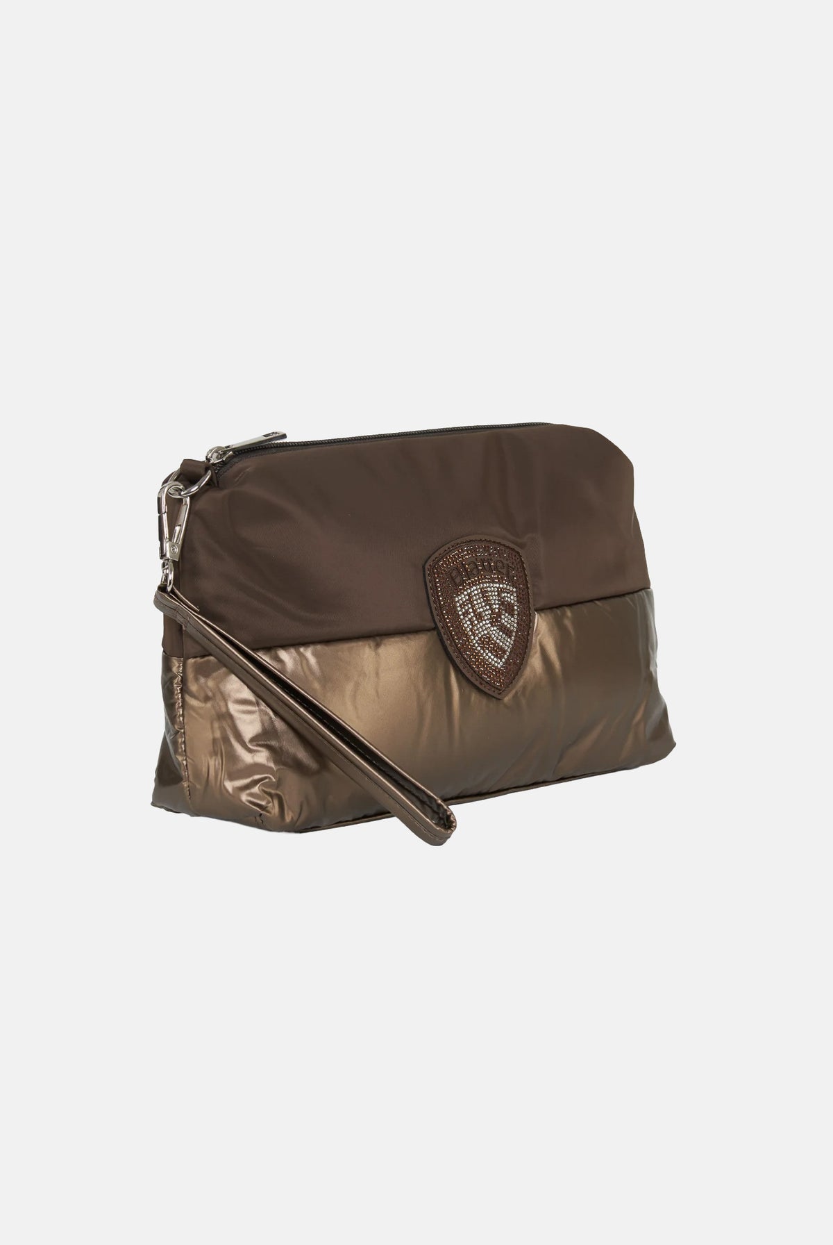 BLAUER Pochette MIRA01/PAD Dark Brown marrone scuro da donna, in tessuto imbottito semilucido, con chiusura a zip, scudetto frontale decorato con microstrass e cinturino da polso removibile. F6MIRA01PAD DKB BLAUER