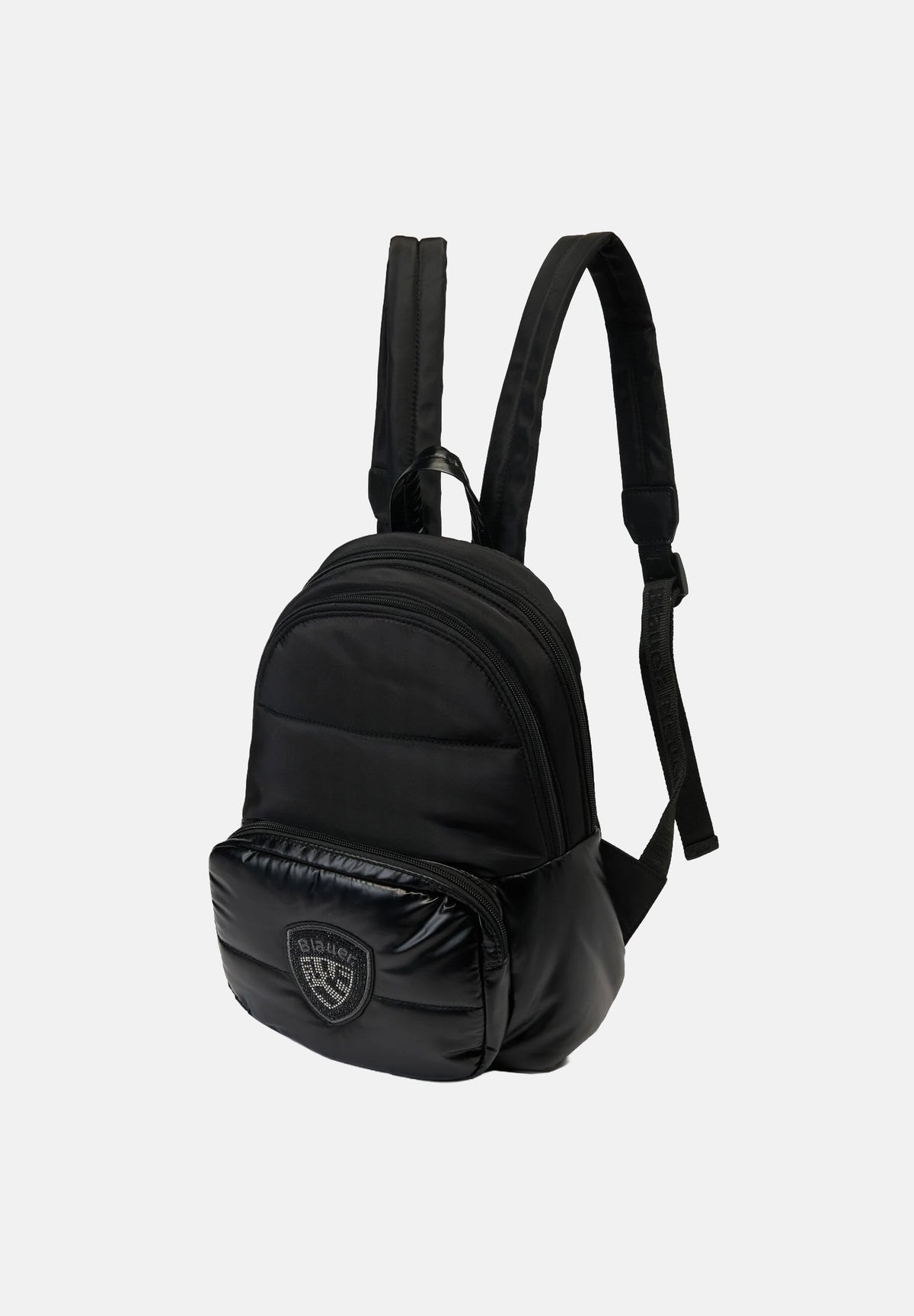 BLAUER Zaino F6WAVE04/PAD Black nero da donna, in tessuto satinato e imbottito effetto piumino, con tasca frontale con zip, scudetto decorato con strass e spallacci regolabili. F6WAVE04PAD BLK BLAUER