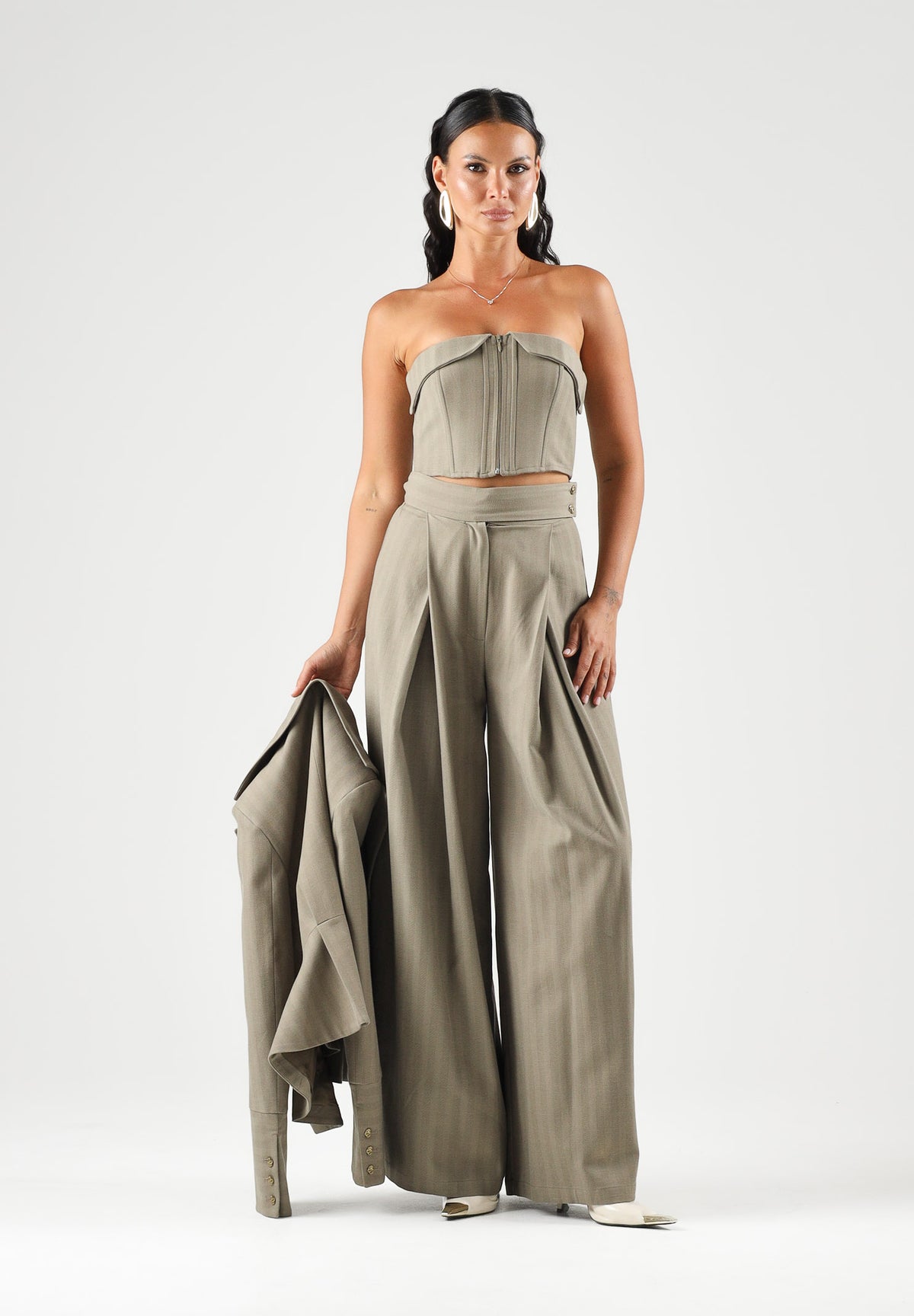 BOHEMIAN VI Top stile corpetto verde oliva tortora per donna con struttura a corsetto rigido BOU371 TA BOHEMIAN VI