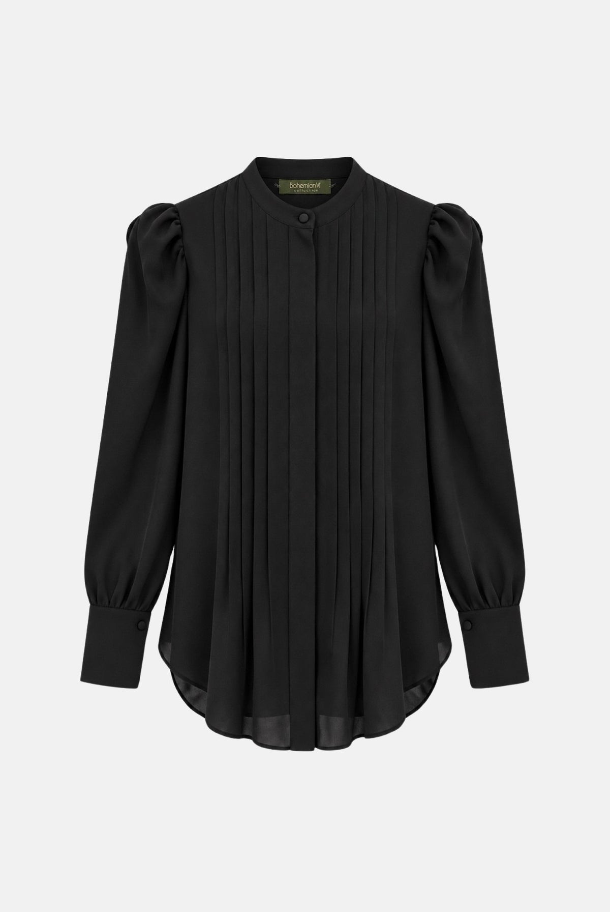 BOHEMIAN VI Camicia manica lunga nera per donna con colletto coreano, pinces frontali strutturate e fondo sagolato. CA277UNI BL BOHEMIAN VI