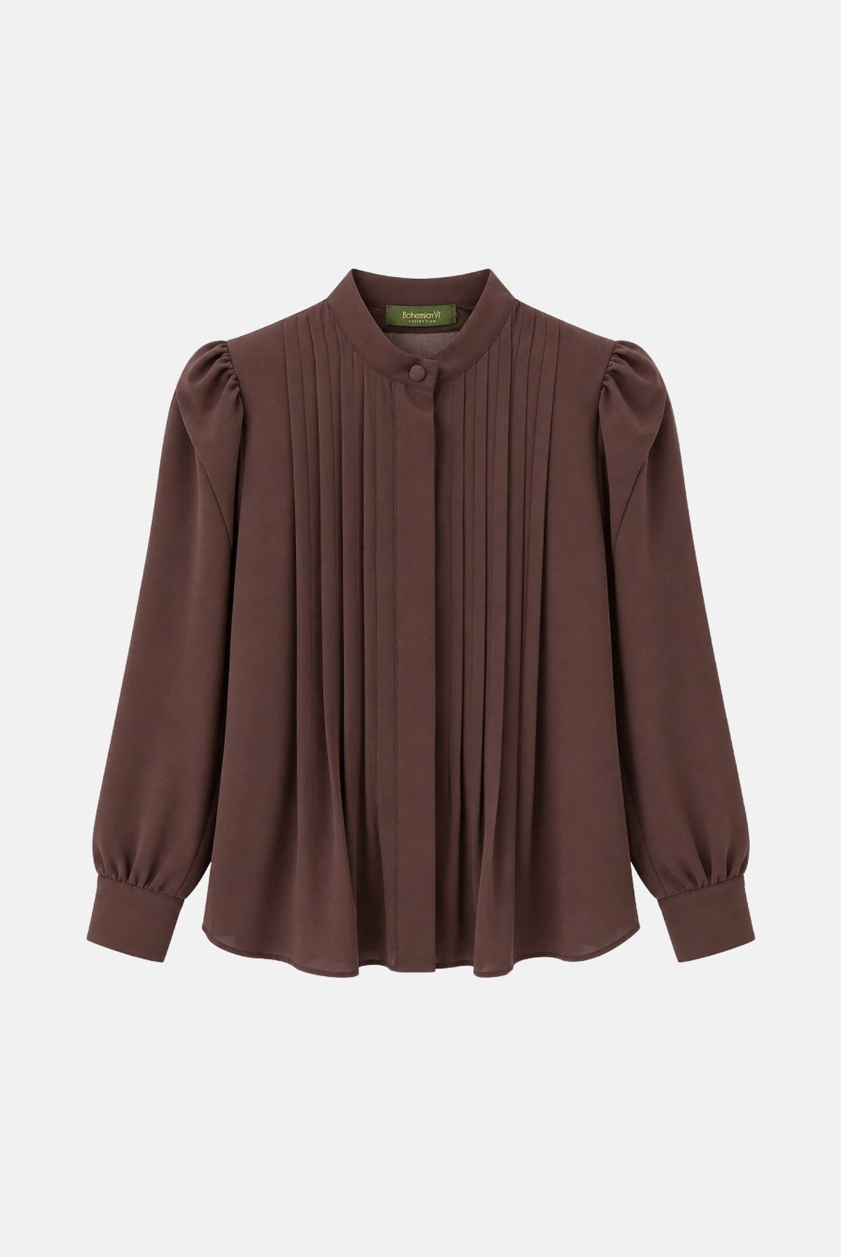 BOHEMIAN VI Camicia manica lunga marrone ciocolato per donna con colletto coreano, pinces frontali strutturate e fondo sagolato. CA277UNI DABR BOHEMIAN VI