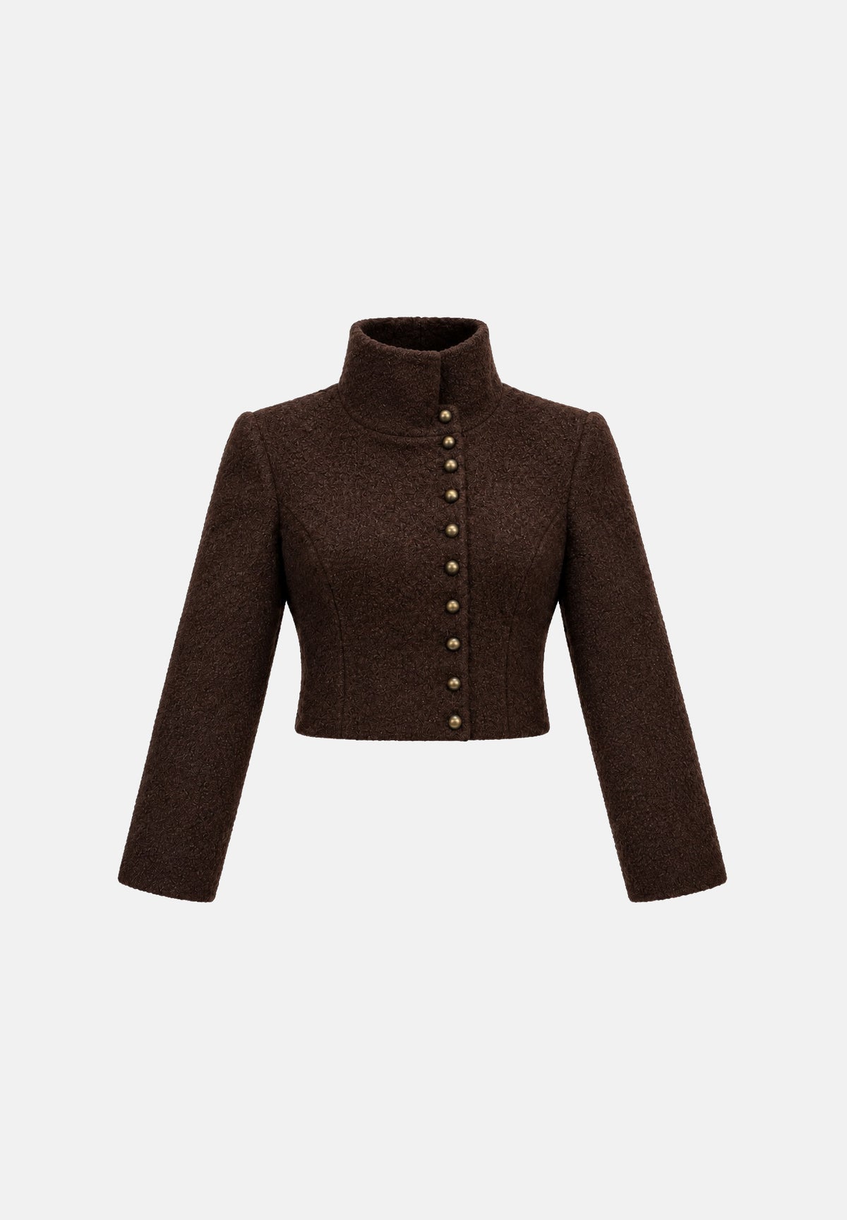 BOHEMIAN VI Giacca SCILLA Brown marrone scuro testa di moro da donna con vestibilità regular fit, lunghezza cropped, collo alto alla coreana, chiusura frontale con bottoni, maniche lunghe e linea leggermente strutturata. GI367 BR BOHEMIAN VI