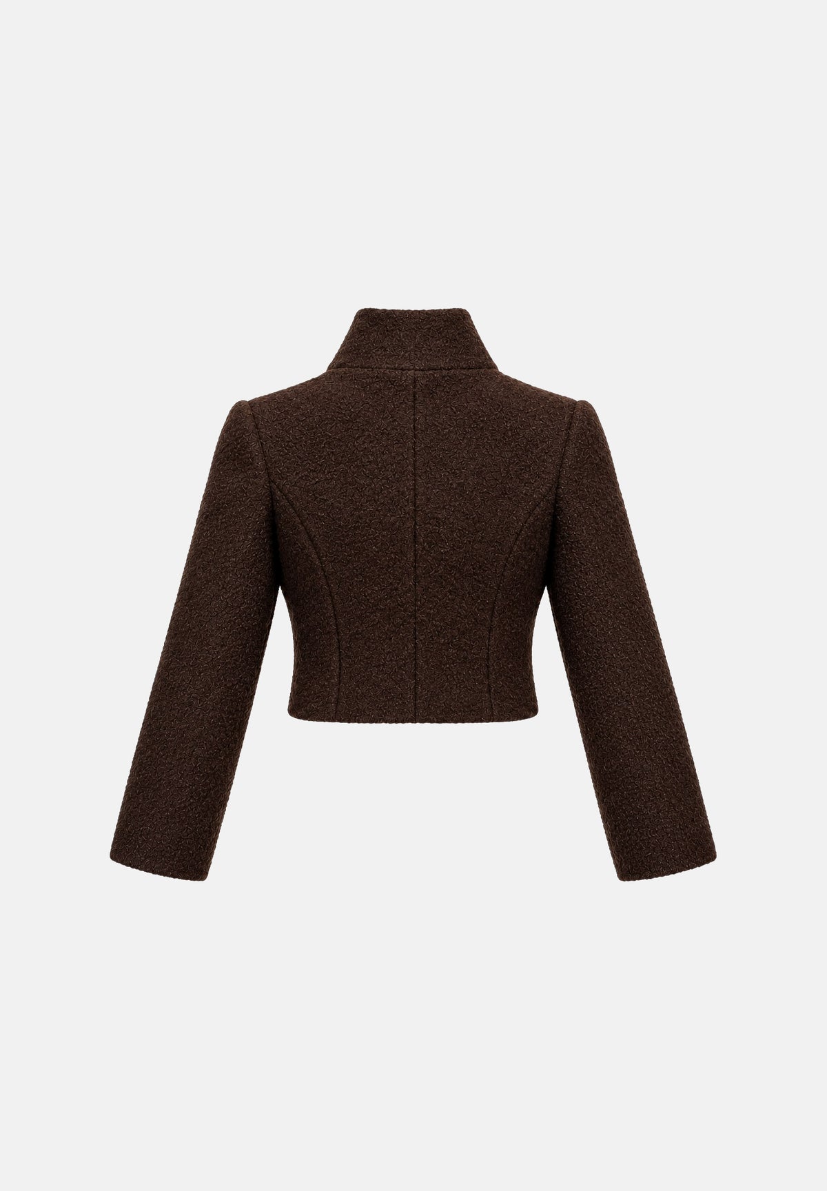 BOHEMIAN VI Giacca SCILLA Brown marrone scuro testa di moro da donna con vestibilità regular fit, lunghezza cropped, collo alto alla coreana, chiusura frontale con bottoni, maniche lunghe e linea leggermente strutturata. GI367 BR BOHEMIAN VI