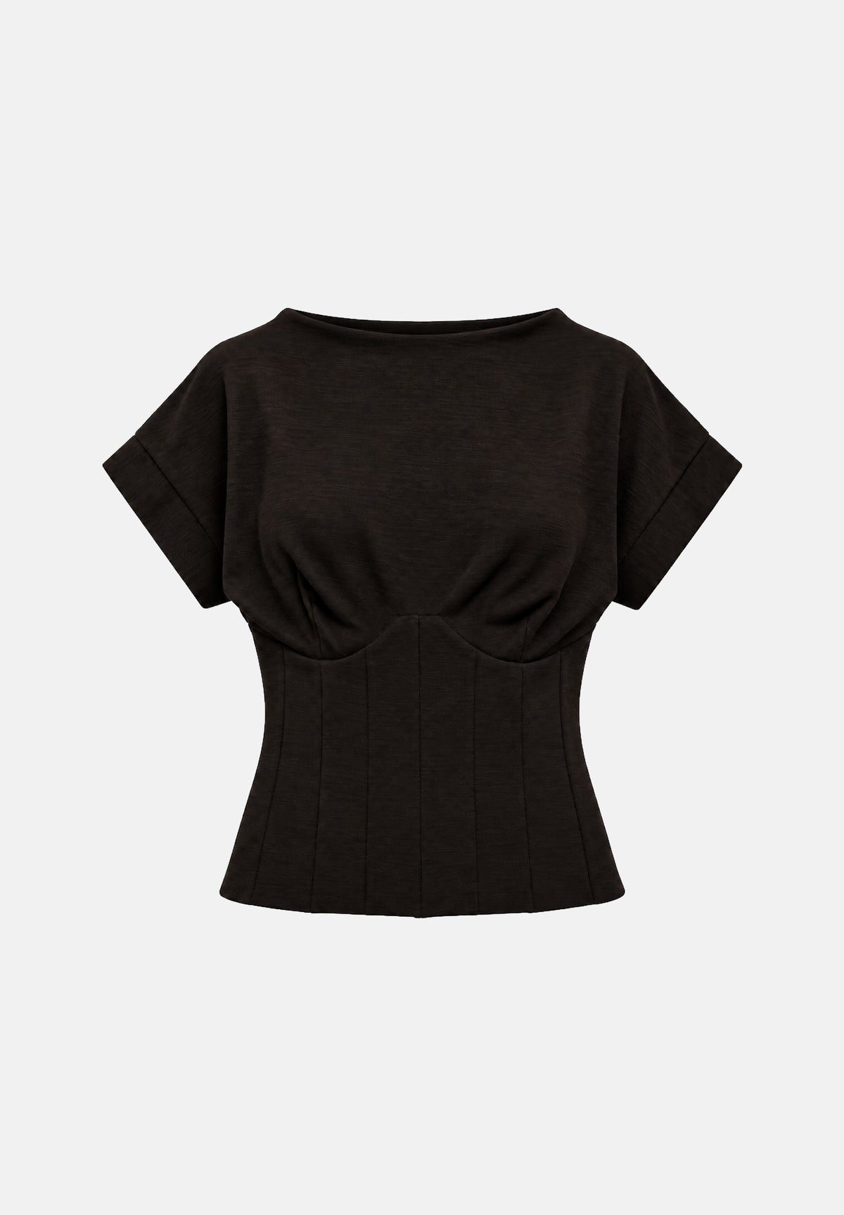 BOHEMIAN VI Top bustier WAVERLY TOP in maglia Dark Brown marrone scuro da donna con maniche corte ampie, girocollo e corpetto strutturato con stecche <BR/> MA340 DABR BOHEMIAN VI