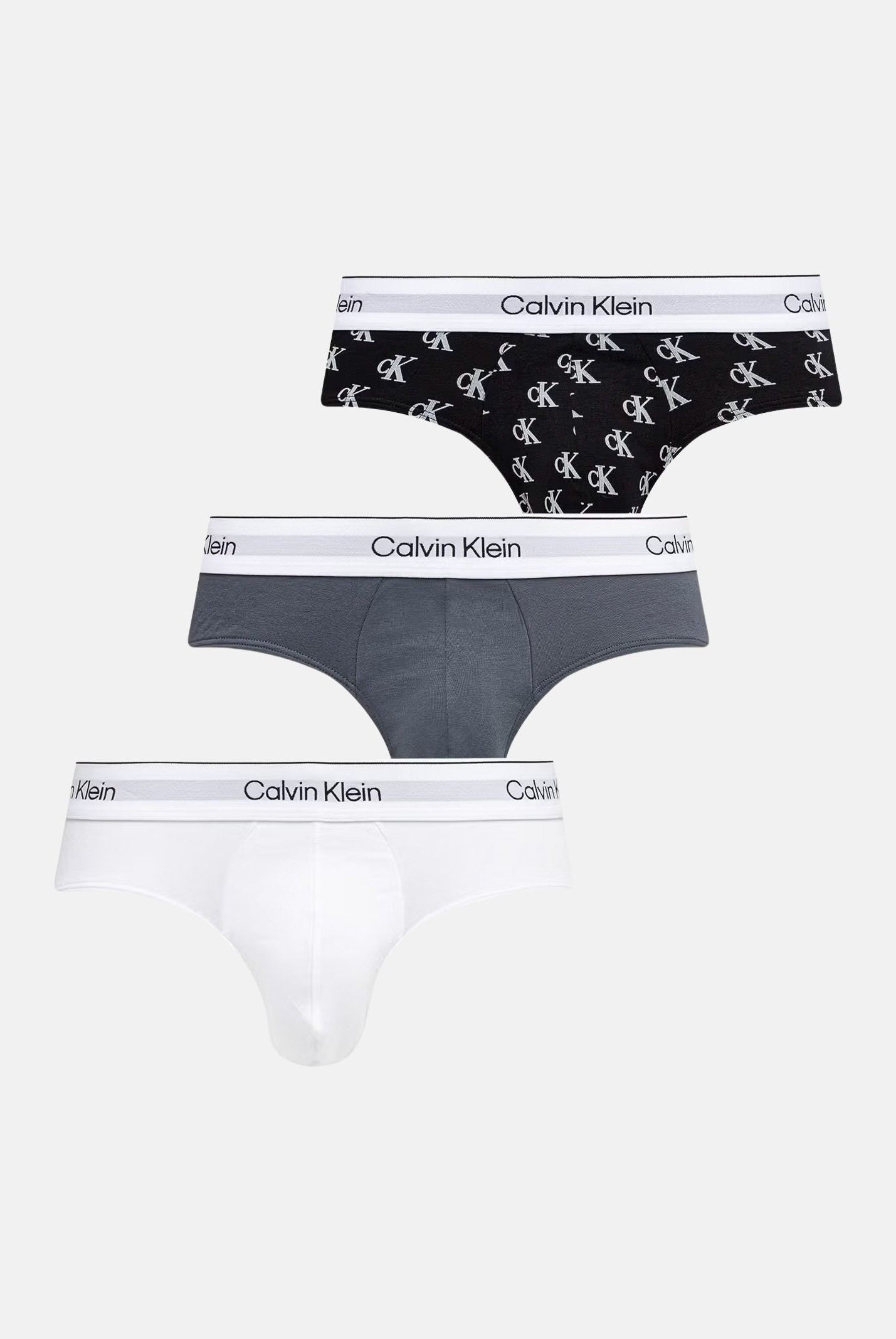 CALVIN KLEIN Slip ICON COTTON STRETCH 3-PACK HIP BRIEF Multicolor, nero grigio e bianco, uomo. LV00NB4388 5U4 CALVIN KLEIN