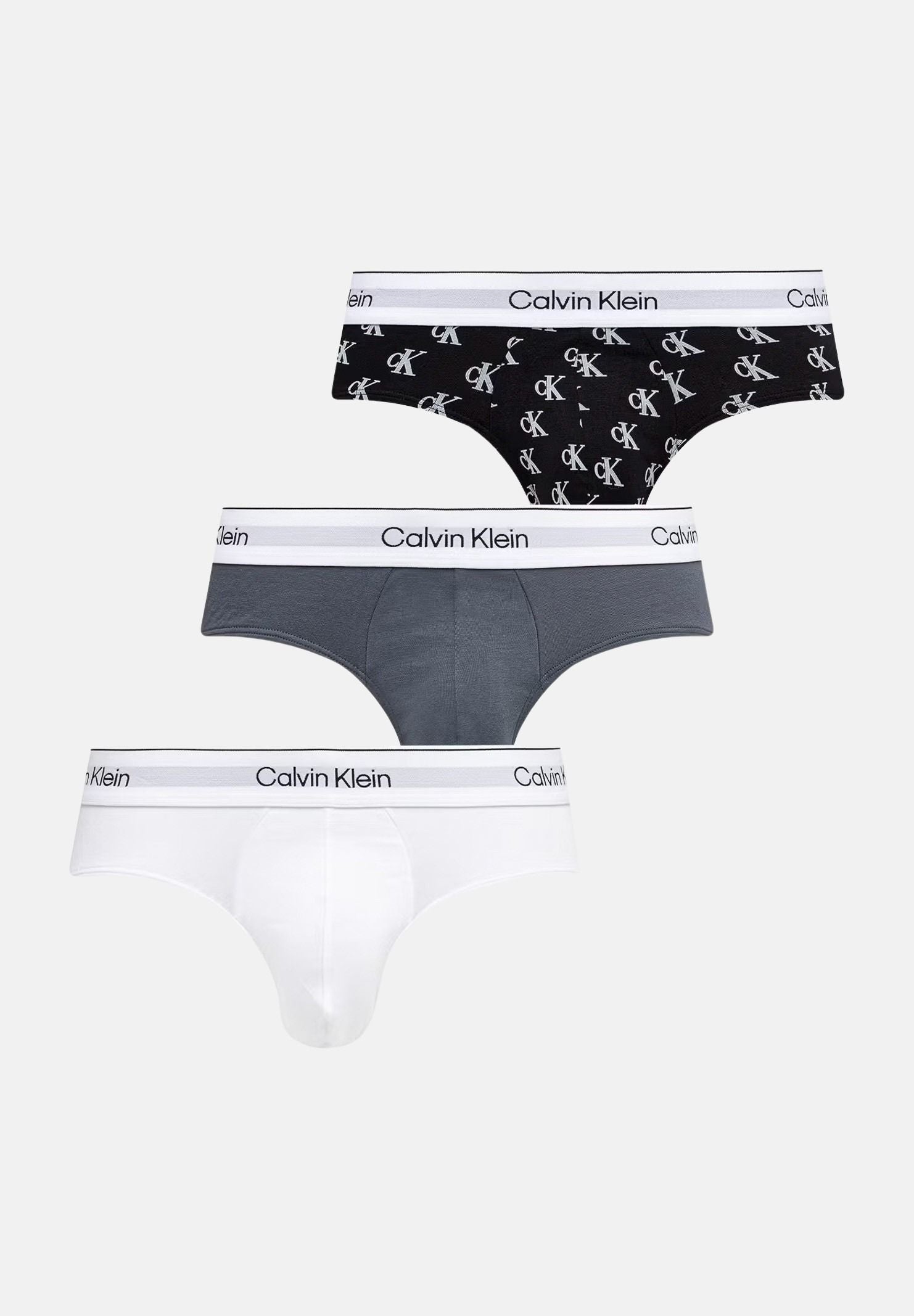 CALVIN KLEIN Slip ICON COTTON STRETCH 3-PACK HIP BRIEF Multicolor, nero grigio e bianco, uomo. LV00NB4388 5U4 CALVIN KLEIN