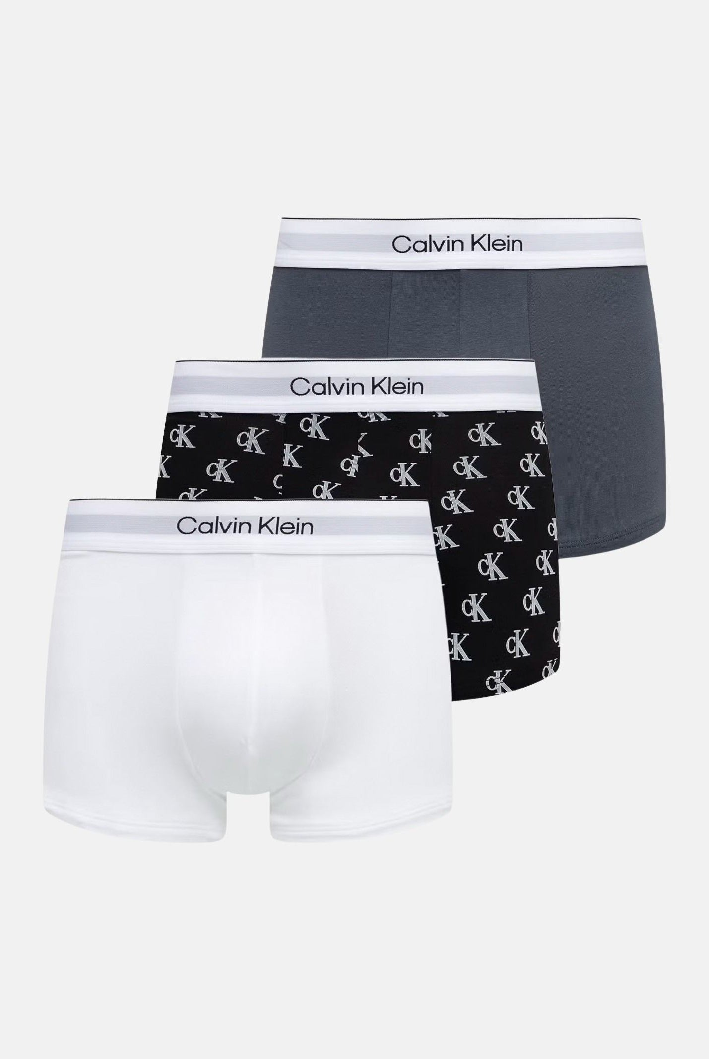 CALVIN KLEIN Boxer LOW RISE TRUNK 3 PACK ICON COTTON STRETCH White, Collegiate Logo Black e grigio, multicolore, uomo. LV00NB4389 5U4 CALVIN KLEIN