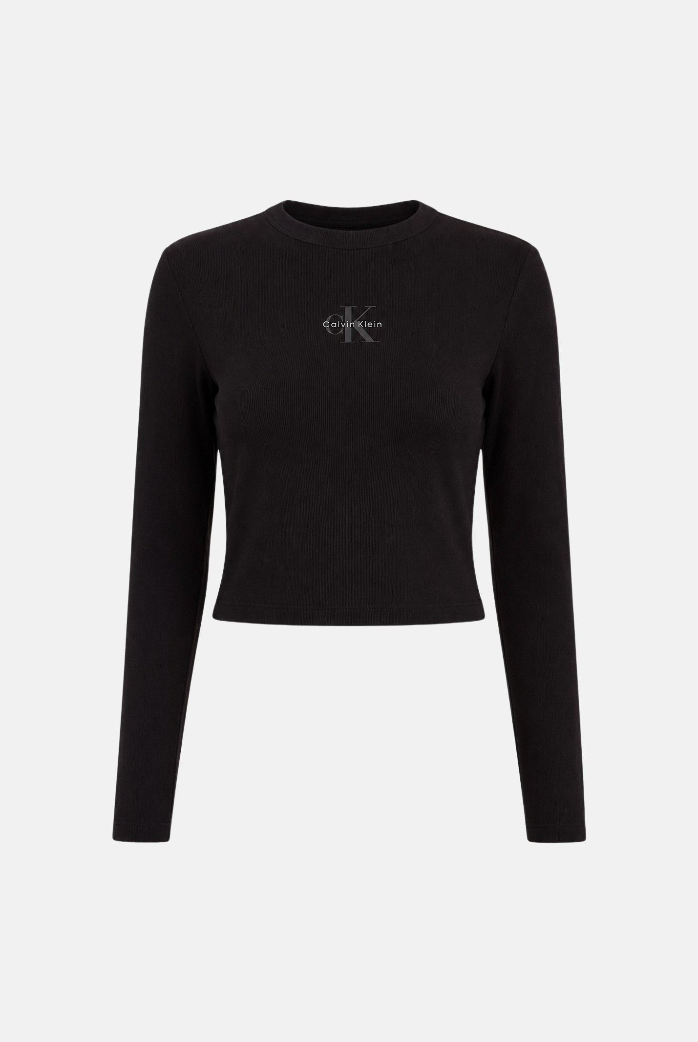 CALVIN KLEIN Maglia A-LS MONOGRAM BABY TEE a maniche lunghe nera da donna cono monogramma ricamato frontale<BR/> LV047A803G UB1 CALVIN KLEIN