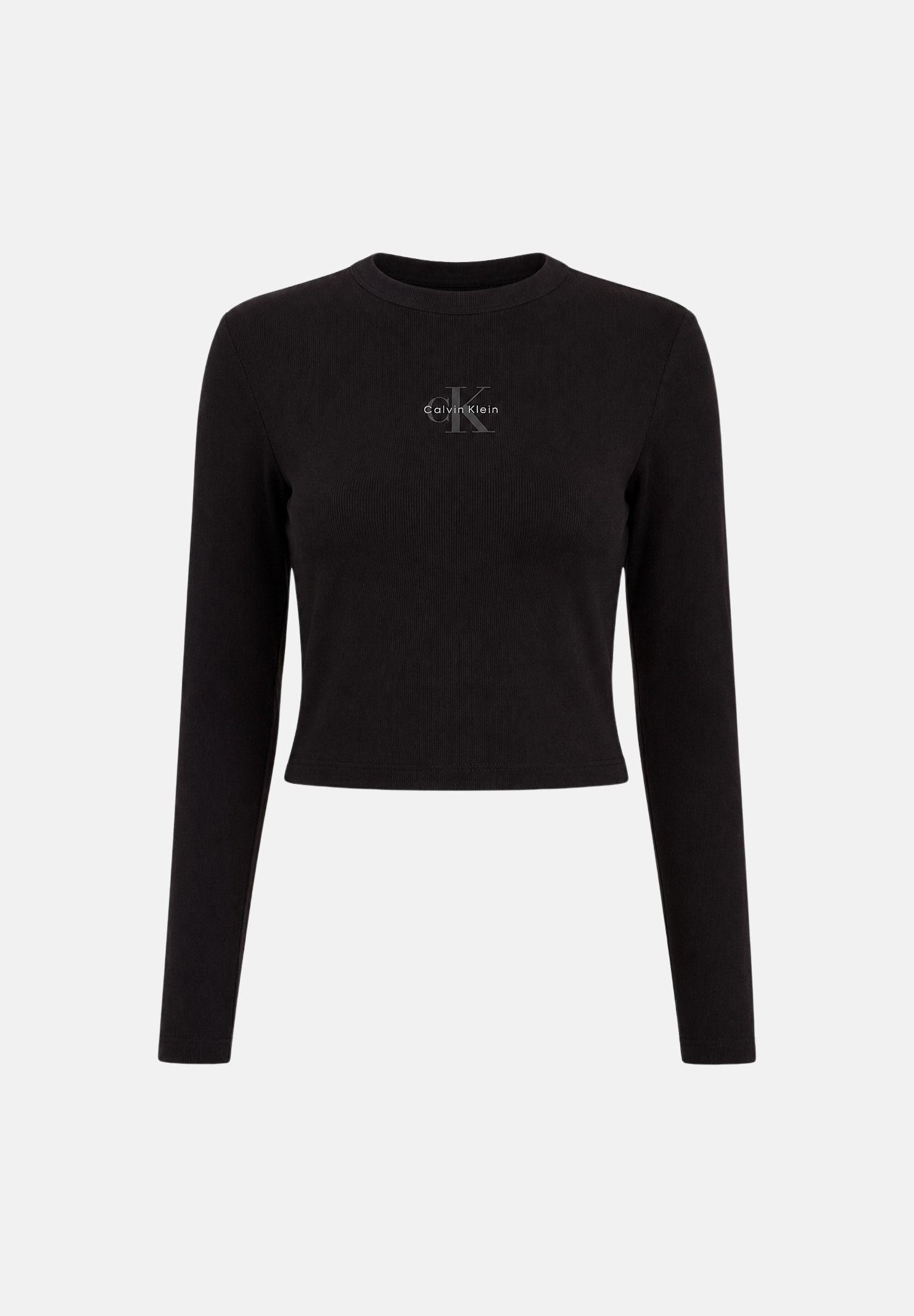 CALVIN KLEIN Maglia A-LS MONOGRAM BABY TEE a maniche lunghe nera da donna cono monogramma ricamato frontale<BR/> LV047A803G UB1 CALVIN KLEIN