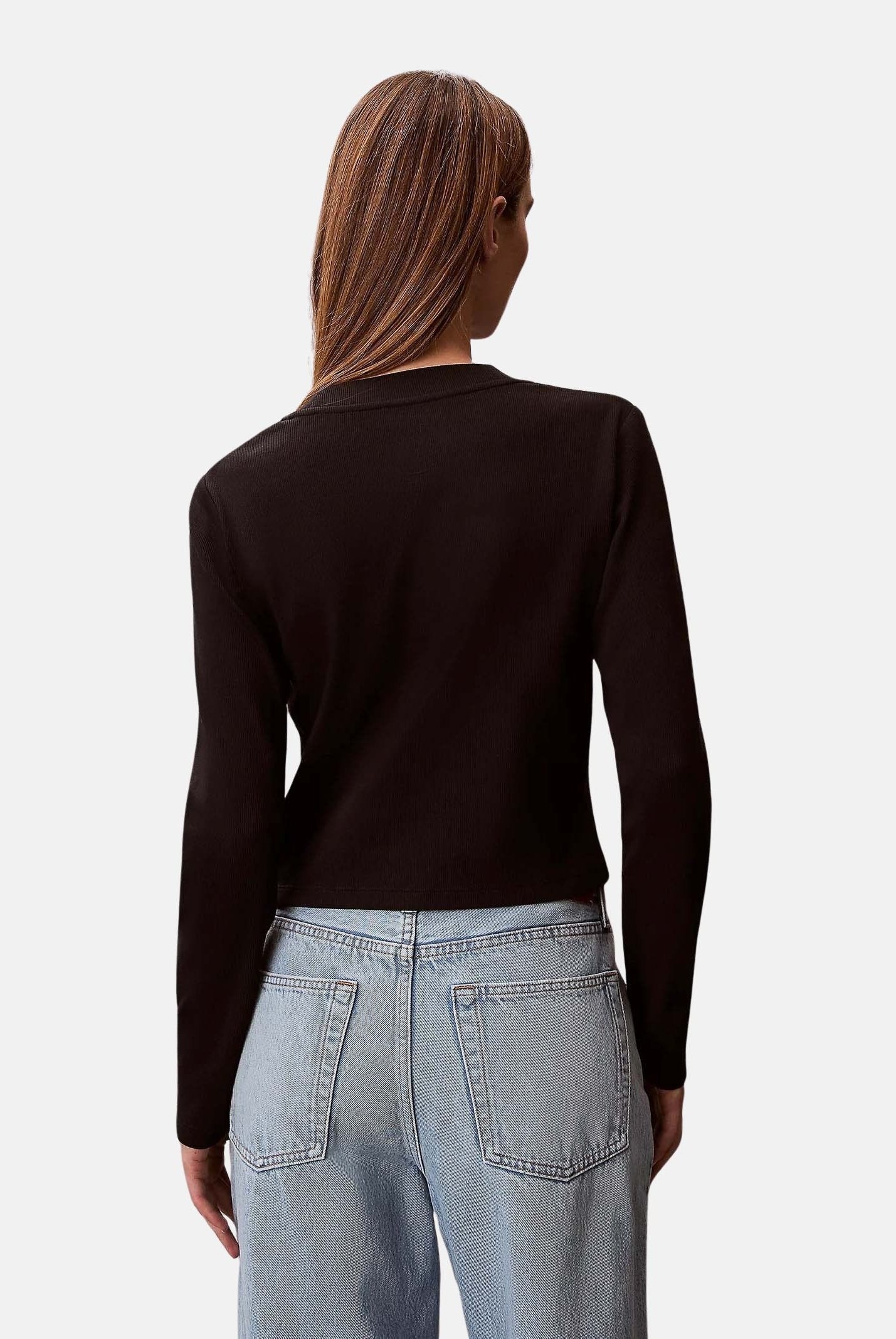 CALVIN KLEIN Maglia A-LS MONOGRAM BABY TEE a maniche lunghe nera da donna cono monogramma ricamato frontale<BR/> LV047A803G UB1 CALVIN KLEIN