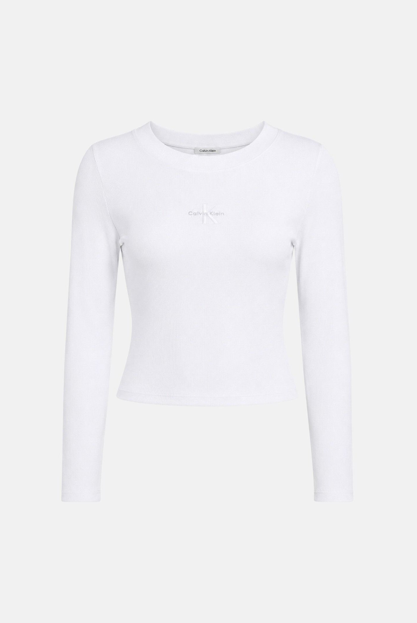 CALVIN KLEIN JEANS Maglia A-LS MONOGRAM BABY TEE, color bright bianca da donna con monogramma frontale<BR/> LV047A803G YAF CALVIN KLEIN