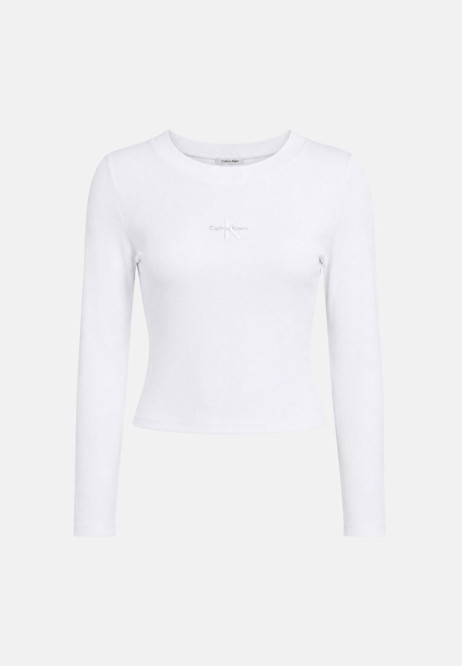 CALVIN KLEIN JEANS Maglia A-LS MONOGRAM BABY TEE, color bright bianca da donna con monogramma frontale<BR/> LV047A803G YAF CALVIN KLEIN