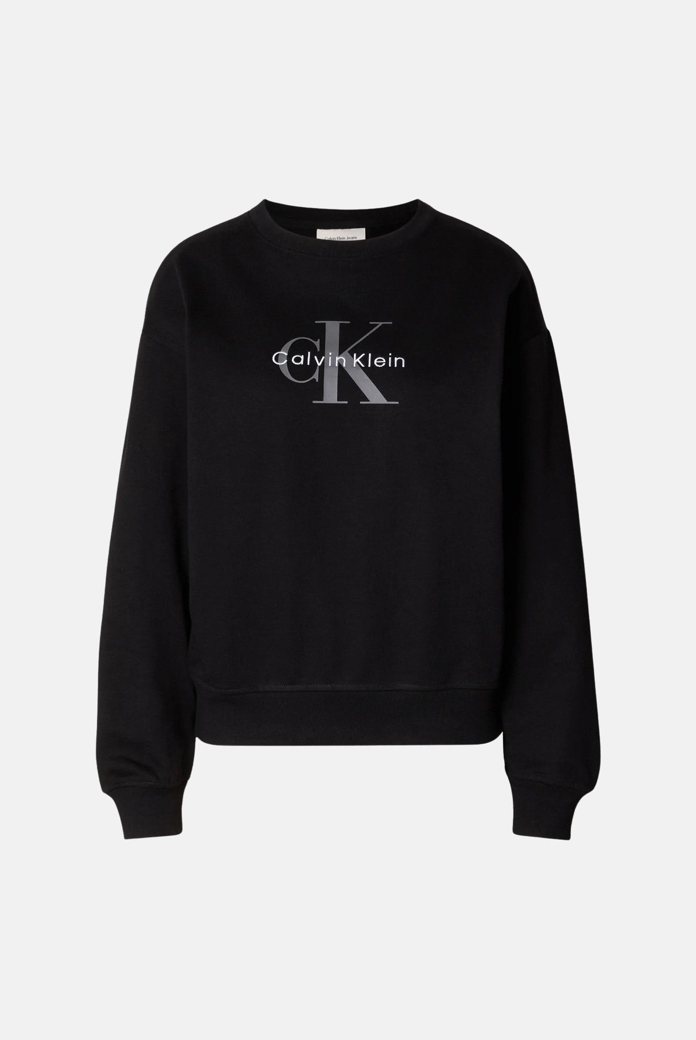 CALVIN KLEIN Fellpa girocollo LS MONOLOGO FRENCH TERRY nera da donna con maxi monogramma CK sul davanti LV047B234G UB1 CALVIN KLEIN