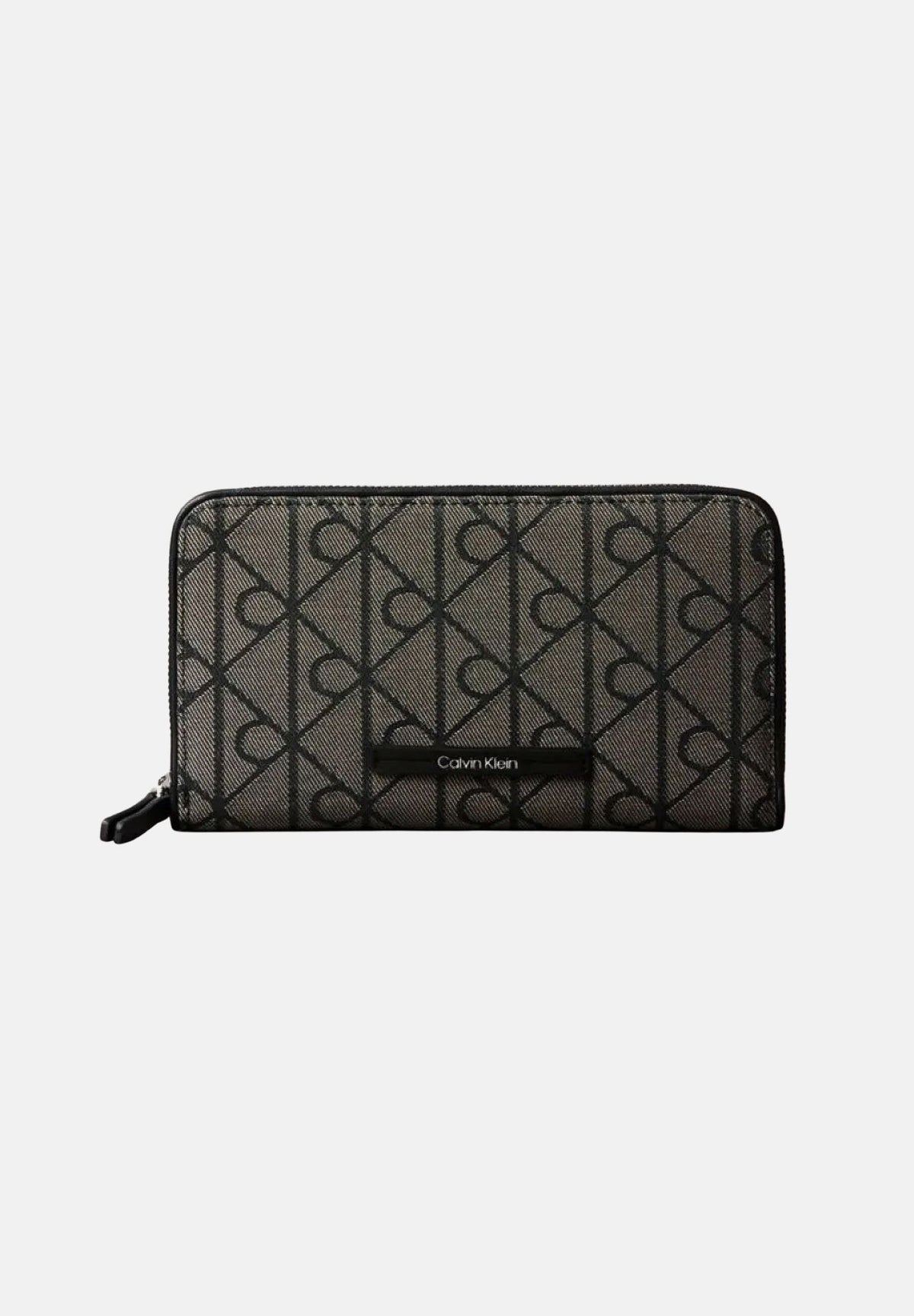 CALVIN KLEIN Portafoglio zip around con motivo monogram, colore Lotus Beige-Black, beige e nero, donna. LV04F1163G 7UL CALVIN KLEIN