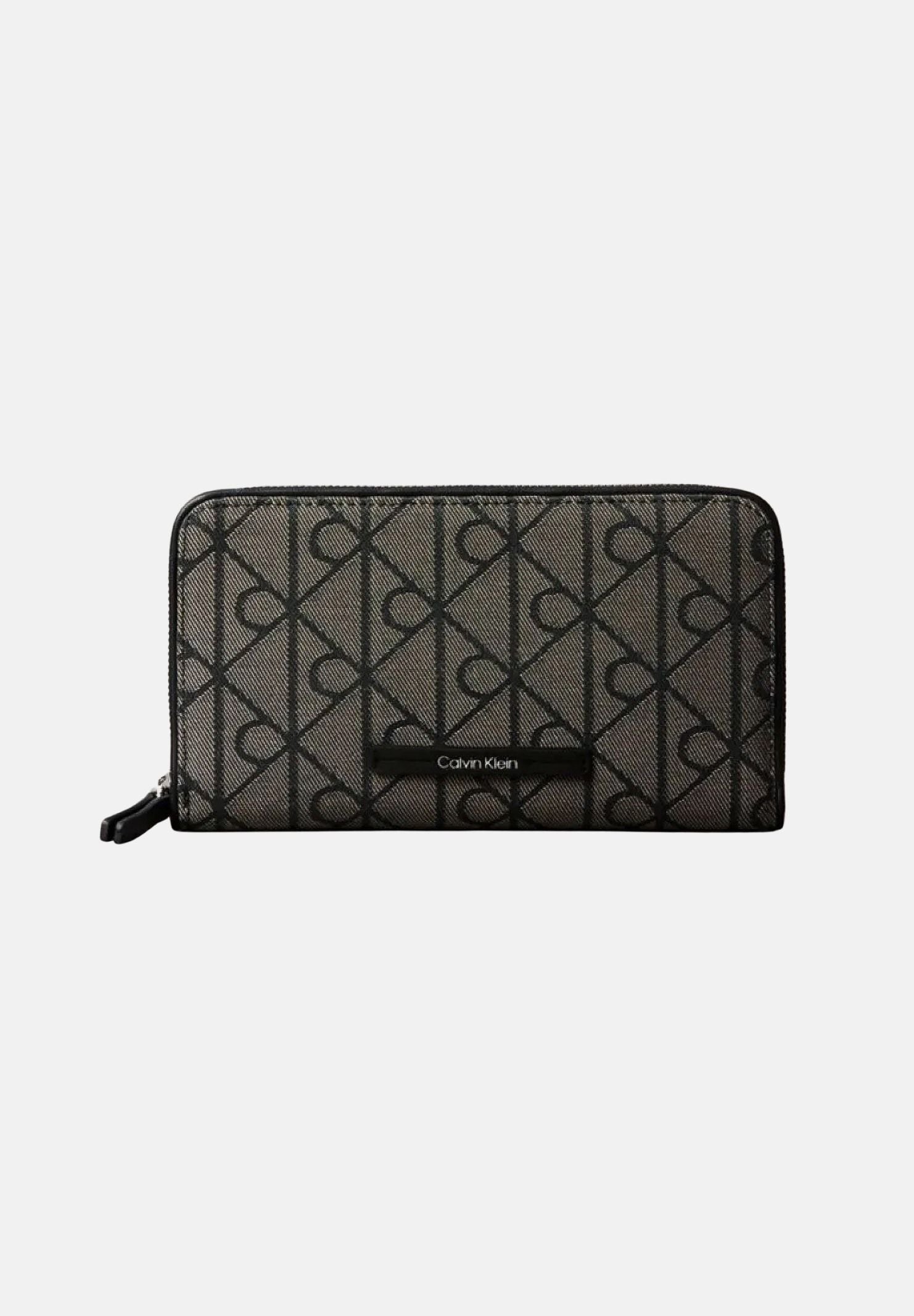 CALVIN KLEIN portafogli zip around con motivo monogram, colore Lotus Beige-Black, beige e nero, donna. LV04F1163G 7UL CALVIN KLEIN