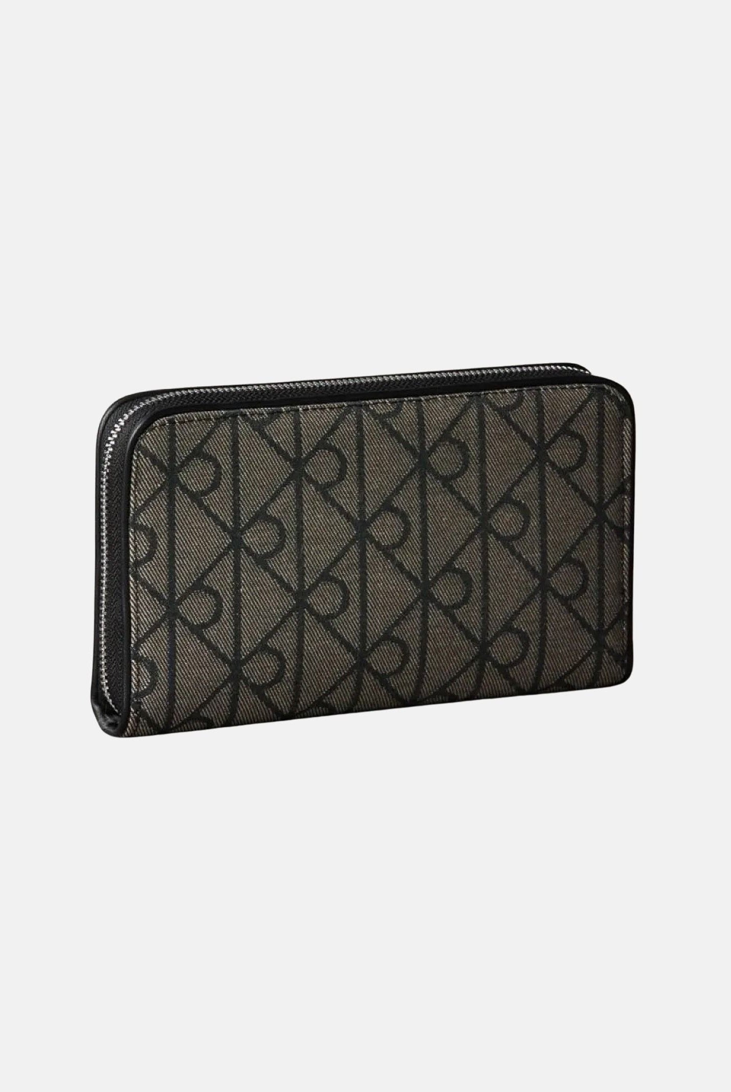 CALVIN KLEIN portafogli zip around con motivo monogram, colore Lotus Beige-Black, beige e nero, donna. LV04F1163G 7UL CALVIN KLEIN