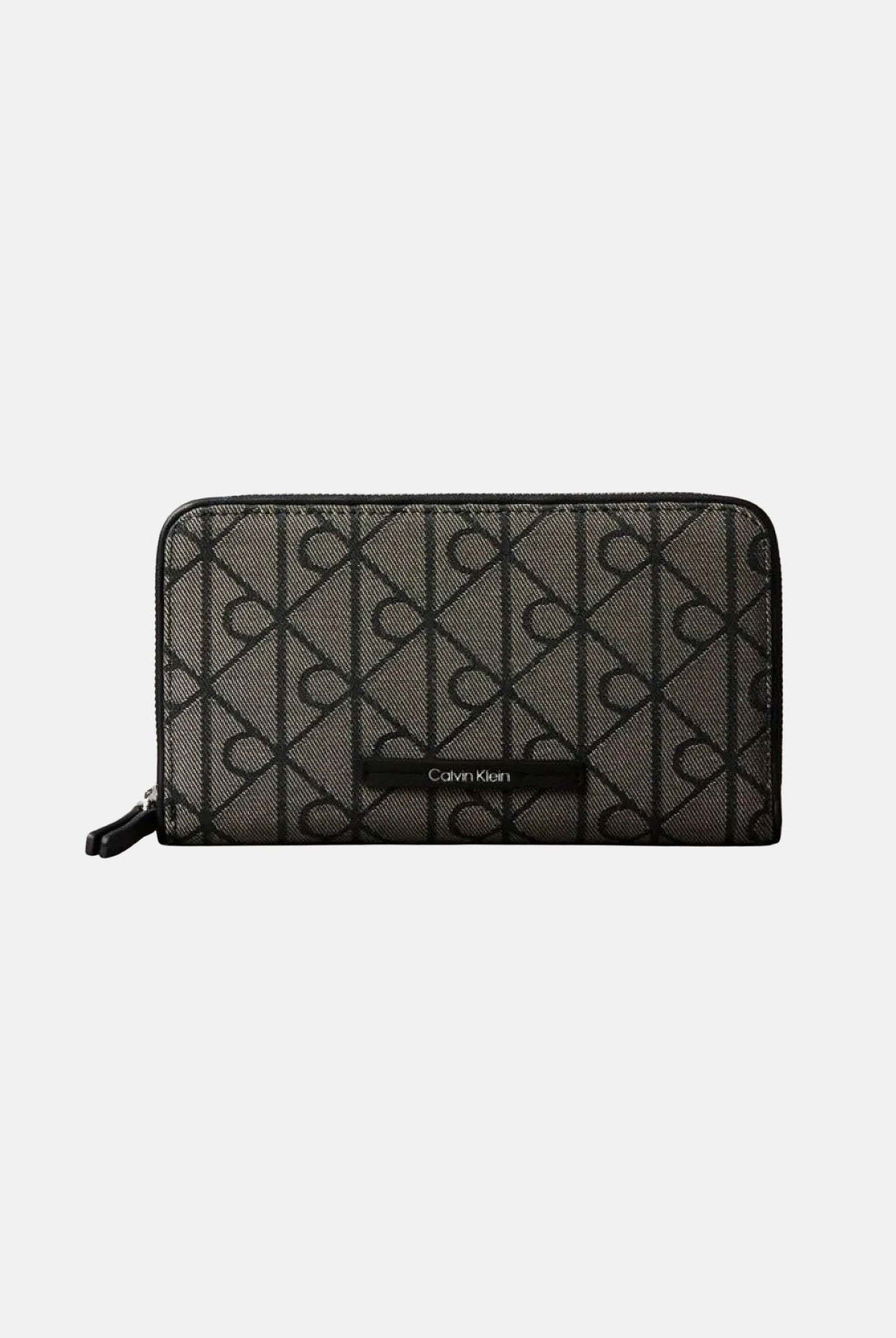 CALVIN KLEIN portafogli zip around con motivo monogram, colore Lotus Beige-Black, beige e nero, donna. LV04F1163G 7UL CALVIN KLEIN