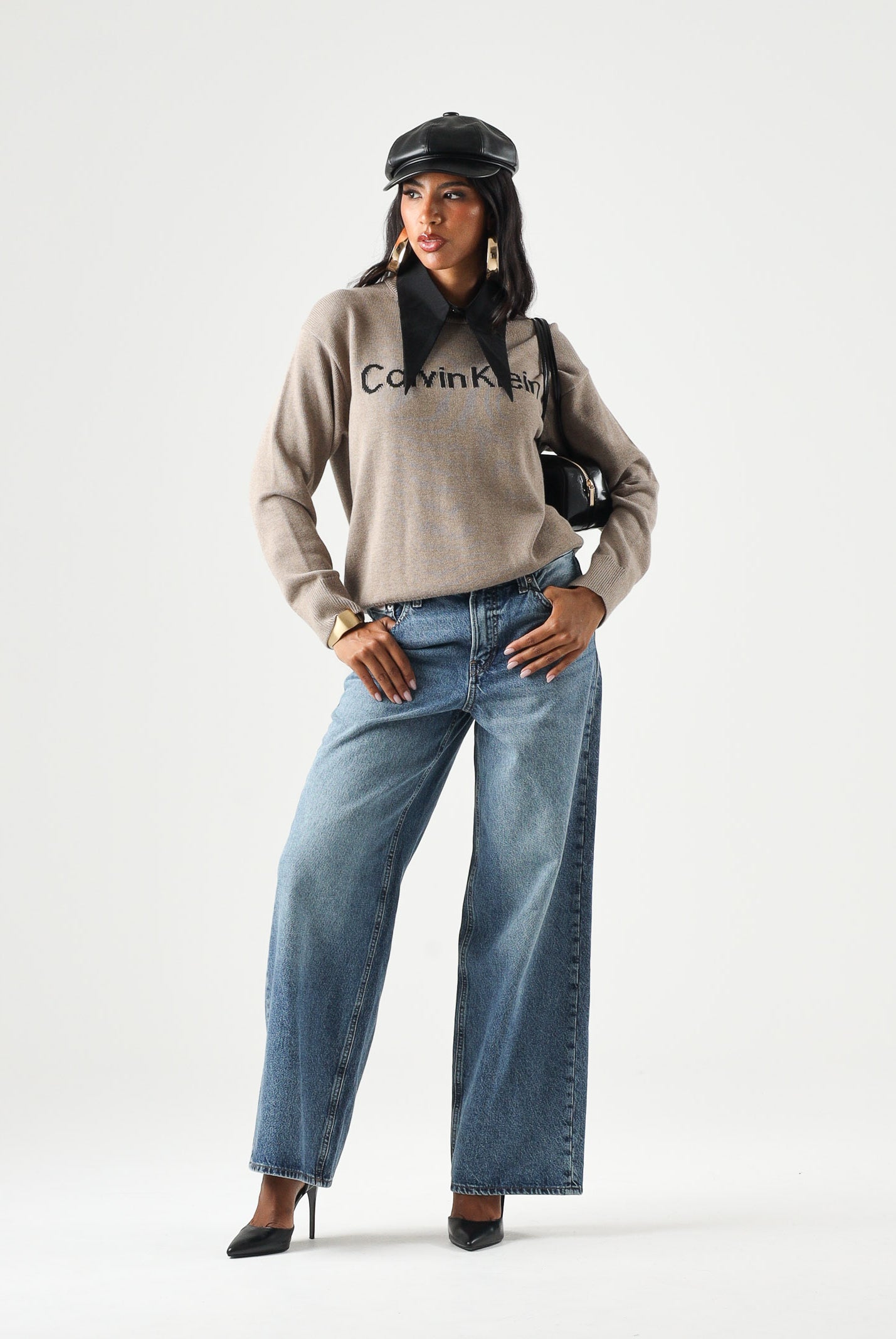 CALVIN KLEIN JEANS Maglia Contrast Logo Sweater shiitake melange marrone, colore basico marrone, donna. LV044G313G TS7 CALVIN KLEIN JEANS
