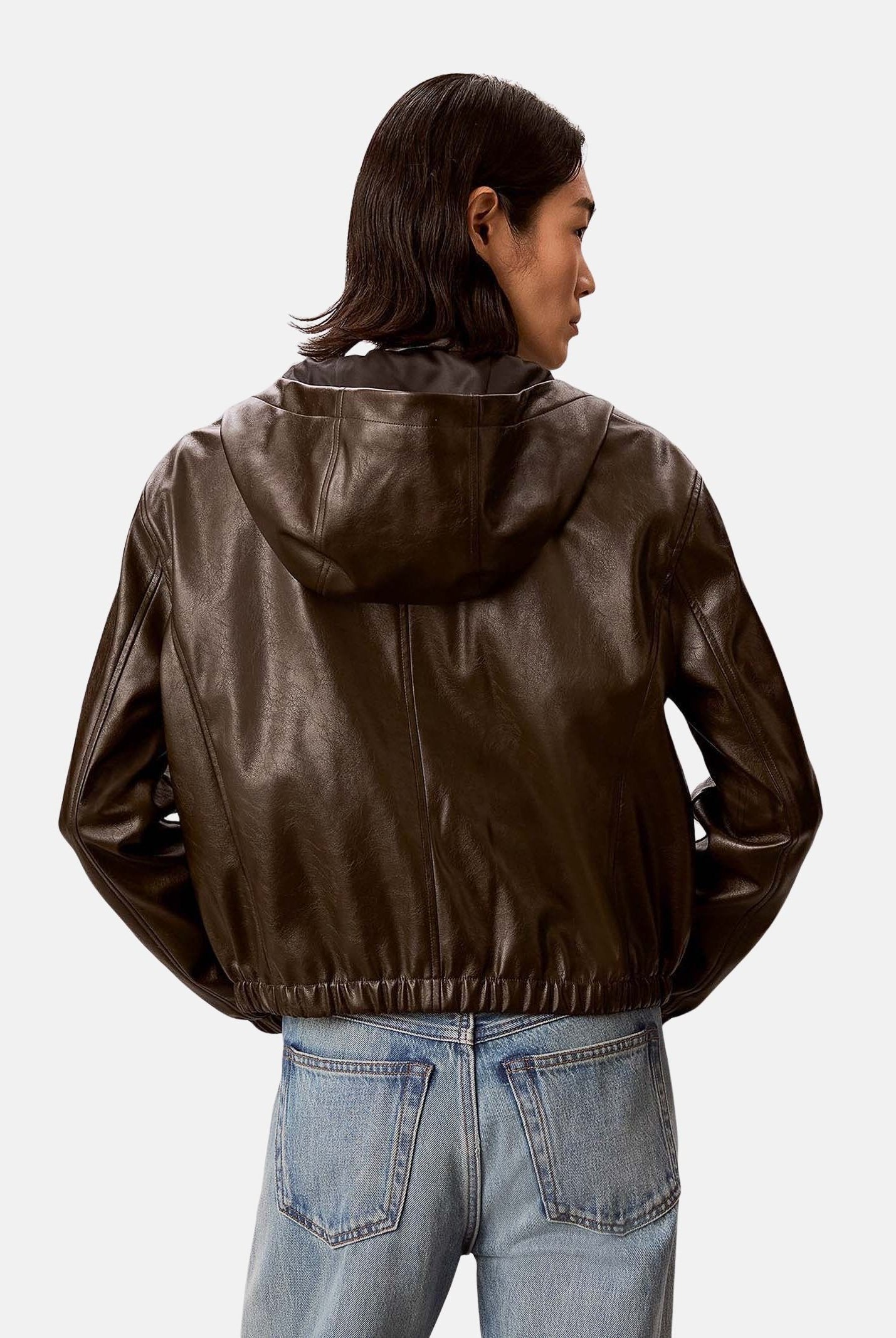 CALVIN KLEIN JEANS GiubbottoFAUX LEATHER HOODED in pelle dark coffe- marrone scuro da donna <BR/> LV047G516G TO2 CALVIN KLEIN JEANS