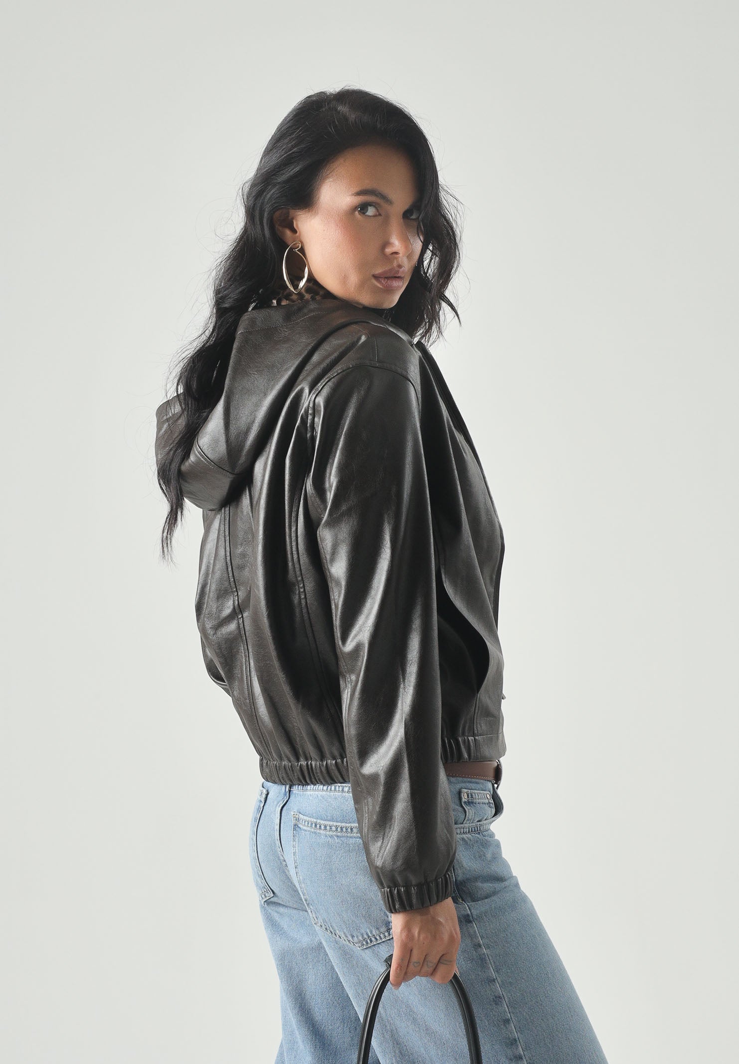 CALVIN KLEIN JEANS GiubbottoFAUX LEATHER HOODED in pelle dark coffe- marrone scuro da donna <BR/> LV047G516G TO2 CALVIN KLEIN JEANS
