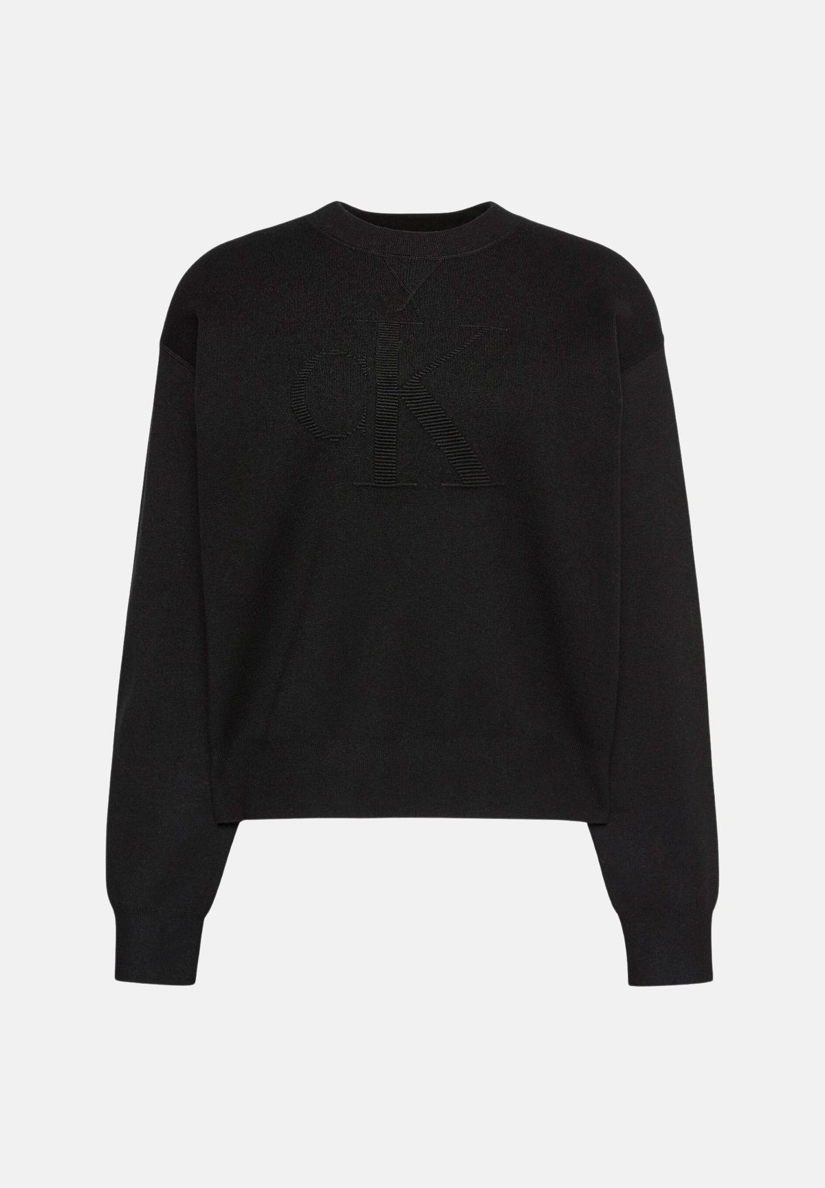 CALVIN KLEIN JEANS maglia girocollo donna nera, con maxi logo CK in rilievo tono su tono, maniche lunghe, spalle scese e finiture a costine. LV047H315G UB1 CALVIN KLEIN JEANS
