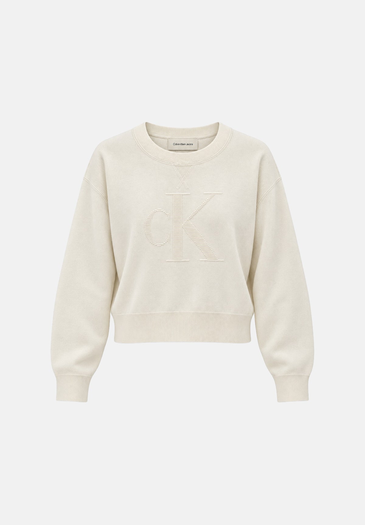 CALVIN KLEIN JEANS Maglia girocollo LOGO OTTOMAN LS PULL Tofu bianco panna da donna con girocollo, maniche lunghe, logo in rilievo e linea corta<BR/> LV047H315G YAS CALVIN KLEIN JEANS