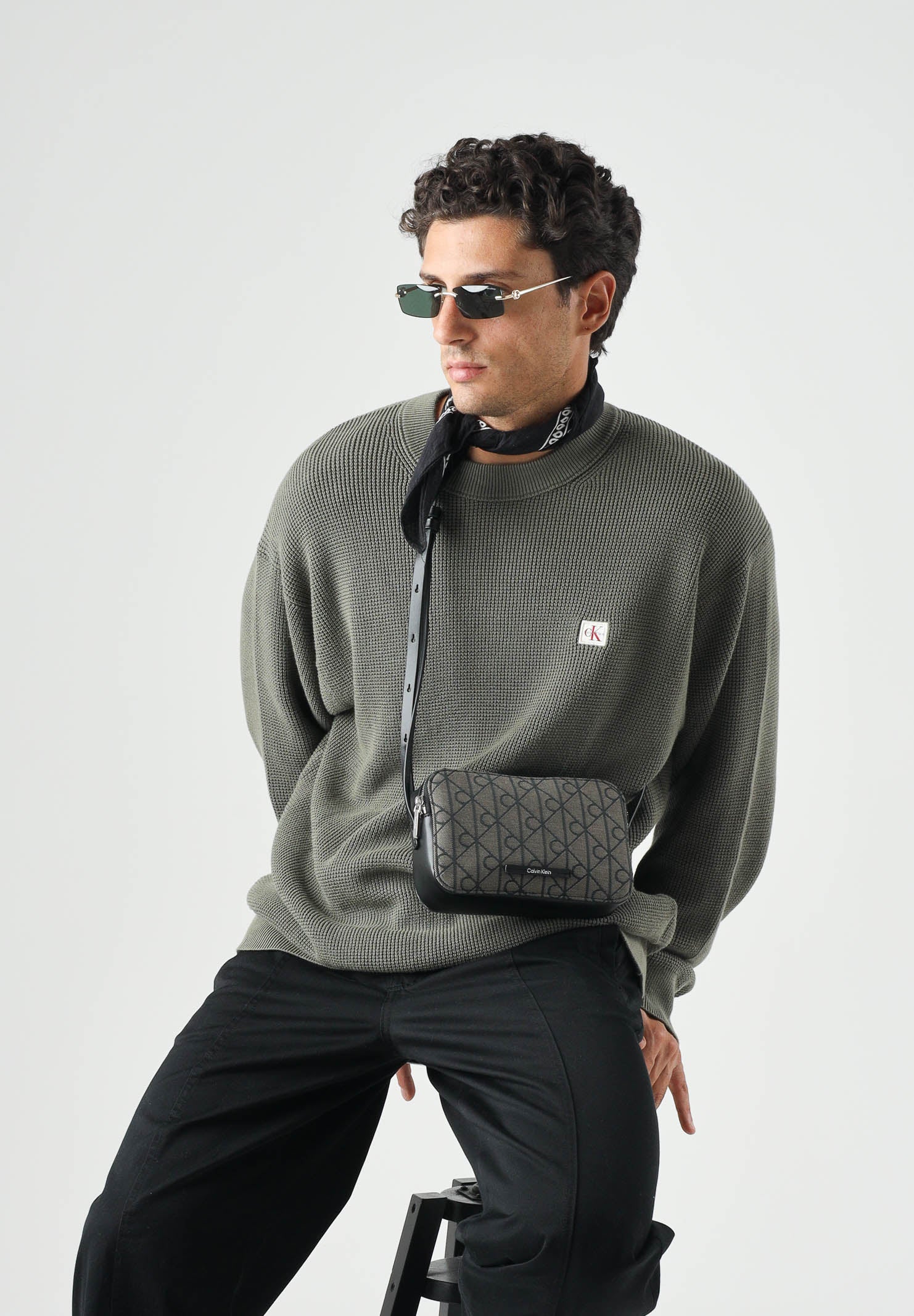CALVIN KLEIN JEANS Maglione in cotone a nido d'ape colore Dusty Olive, verde oliva, da uomo LV04RD313G LDY CALVIN KLEIN JEANS