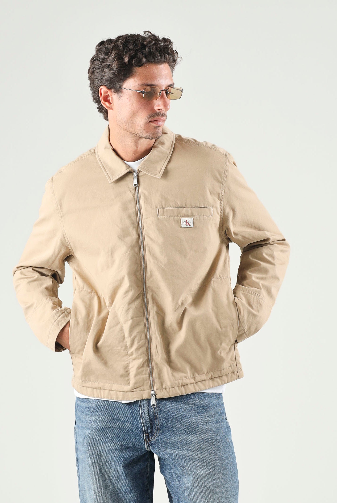 CALVIN KLEIN JEANS Giubbotto di jeans con zip Cornstalk beige da uomo in tinta unita LV04RG405G PBE CALVIN KLEIN JEANS