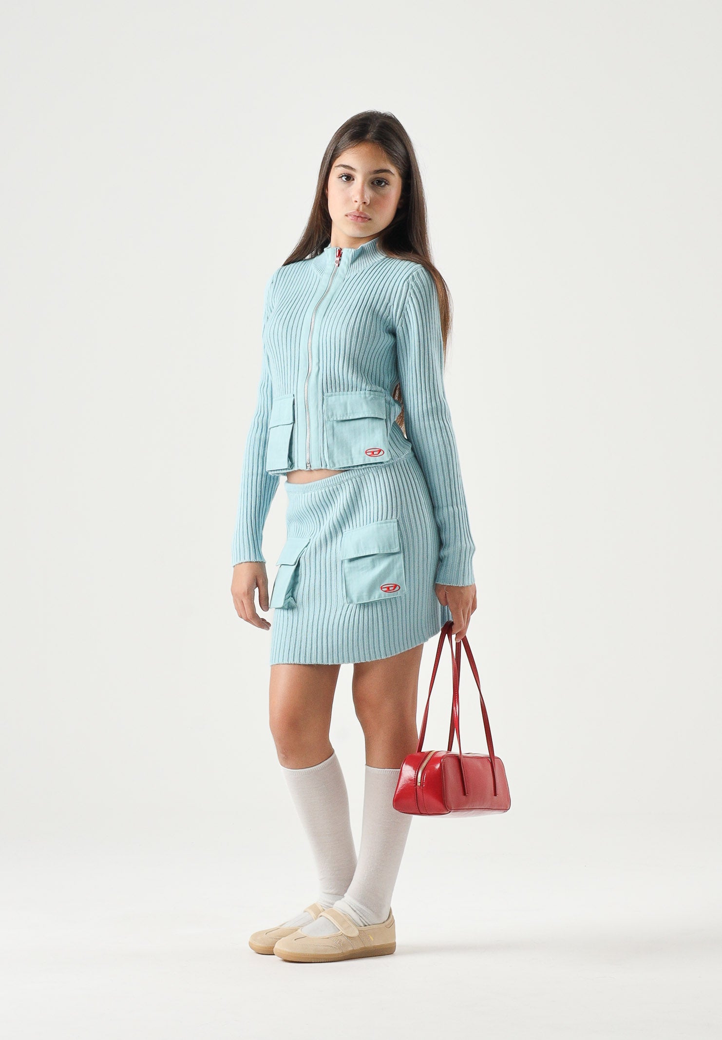 DIESEL Cardigan KAMMY colore dusty blue azzurro, per donna, ragazzi e bambini con texture a coste J02911KYA2G K80U DIESEL
