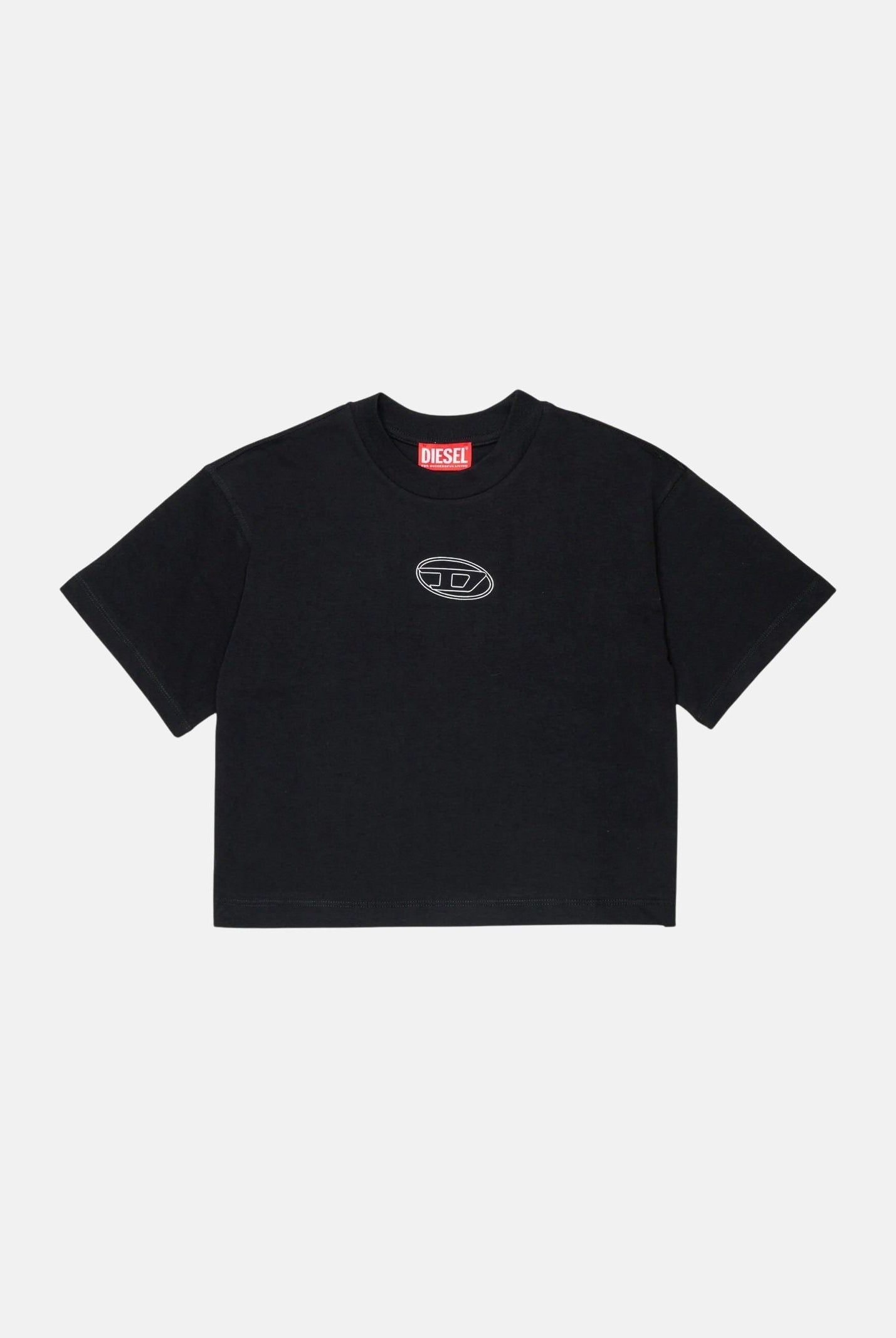 DIESEL T-shirt TLIXIN cropped nera per donna, ragazzi e bambini con logo Diesel frontale effetto sfrangiato. J0291800YI9 K900 DIESEL