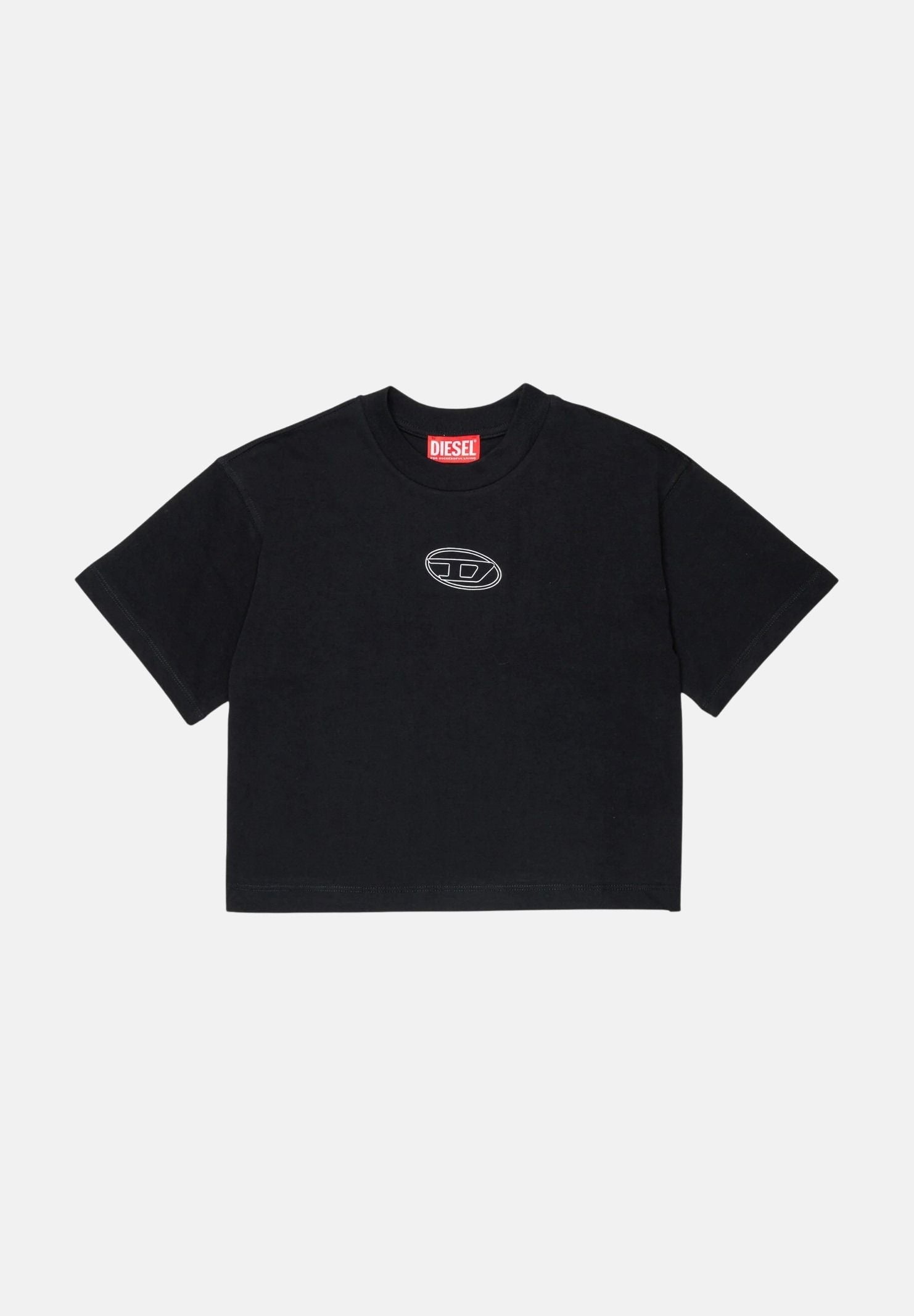 DIESEL T-shirt TLIXIN cropped nera per donna, ragazzi e bambini con logo Diesel frontale effetto sfrangiato. J0291800YI9 K900 DIESEL