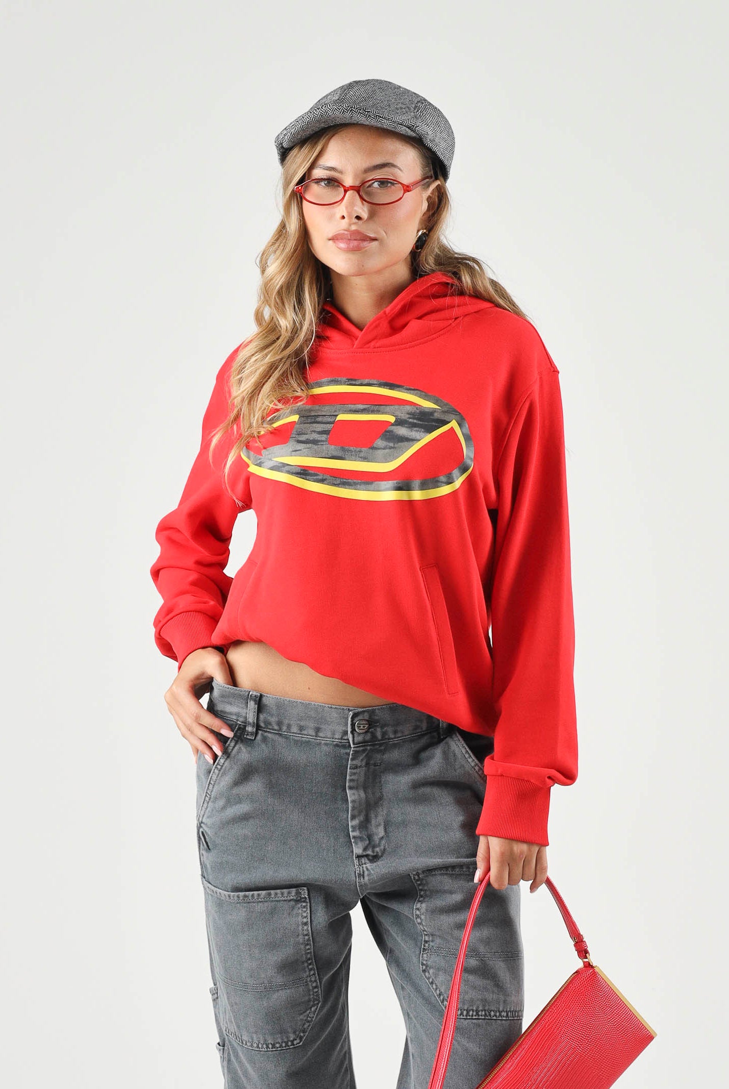 DIESEL Felpa SVELLYHOOD OVER con cappucio , red blood, rosso per donna, ragazzi e bambini con maxi logo Oval D J029650GEAD K405 DIESEL