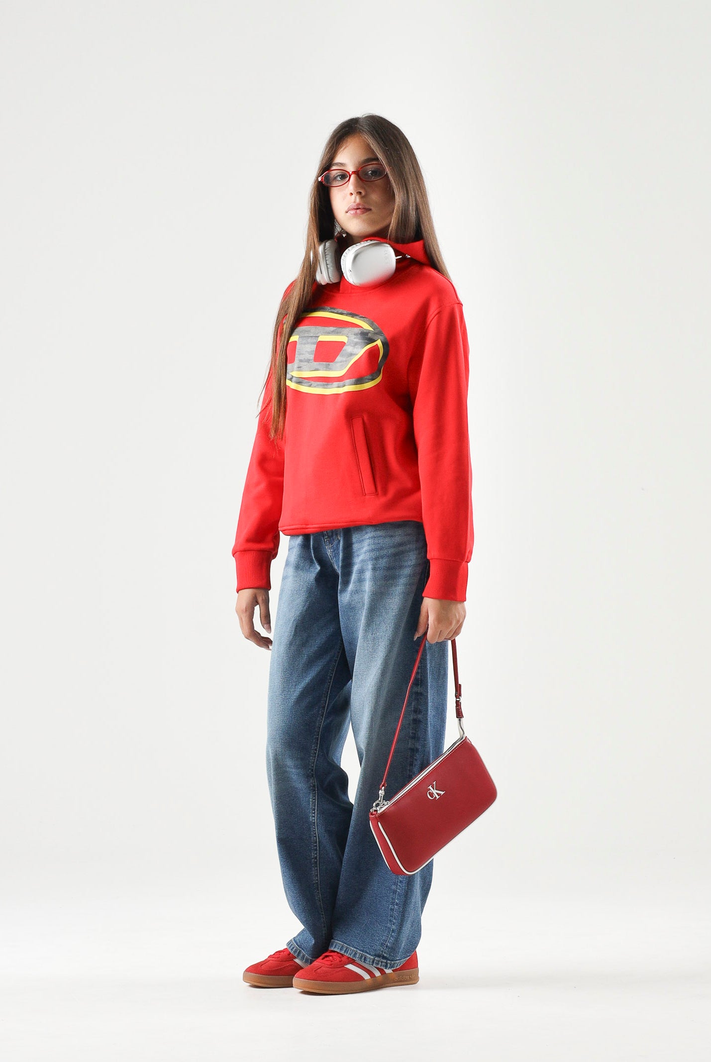 DIESEL Felpa SVELLYHOOD OVER con cappucio , red blood, rosso per donna, ragazzi e bambini con maxi logo Oval D J029650GEAD K405 DIESEL