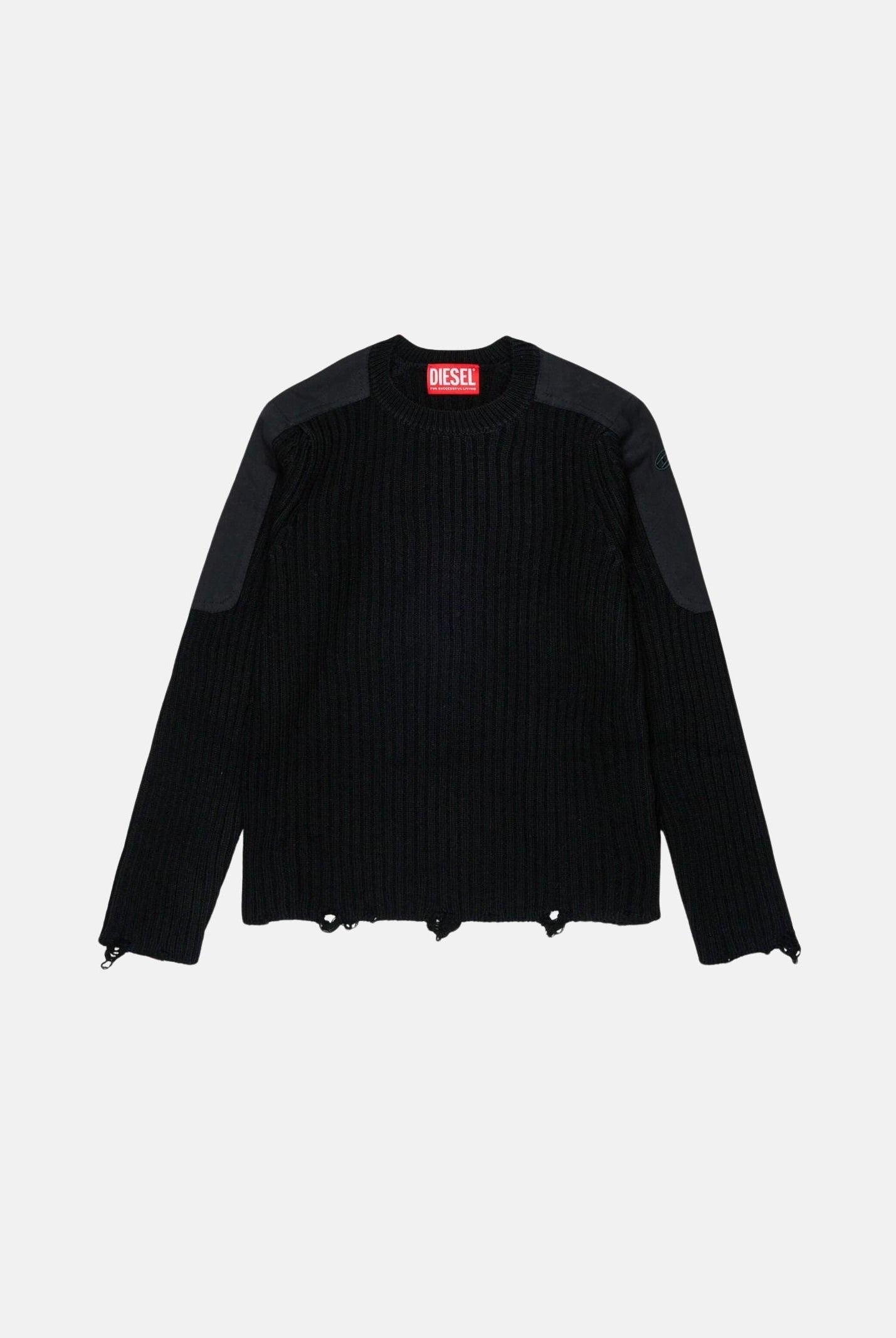 DIESEL Maglione KAMAR nero, per donna, ragazzi e bambini con orli effetto destroyed e logo Oval D ricamato sulla manica. J02980KYA2G K900 DIESEL