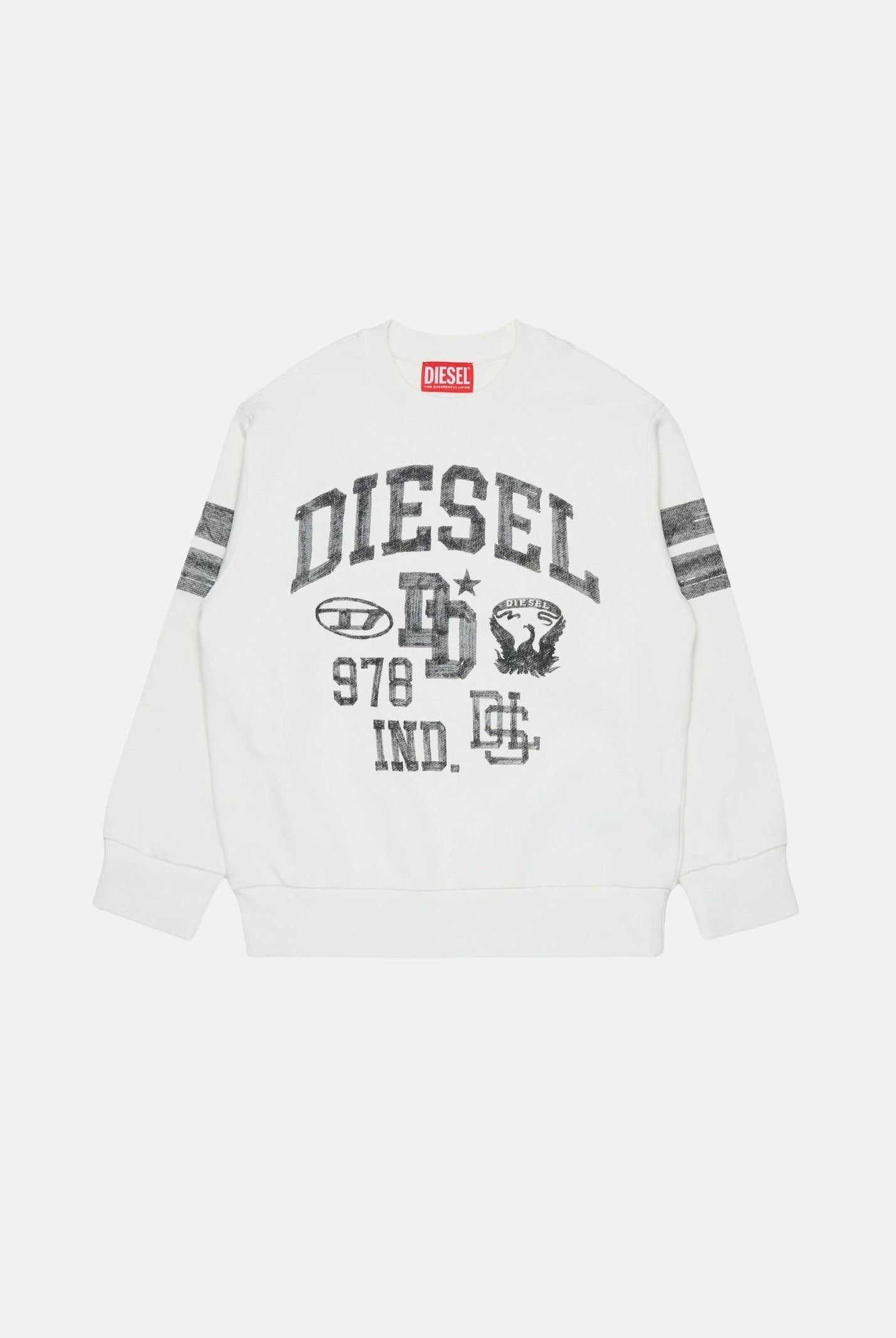 DIESEL Felpa SBAND Off White, per donna, ragazzi e bambini con stampe logo stile college, J029880GEAD K141 DIESEL
