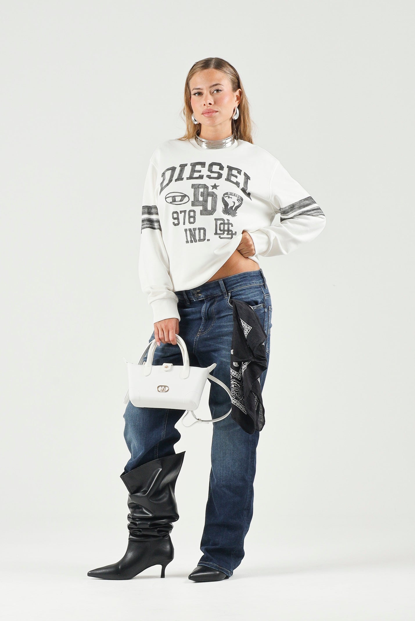 DIESEL Felpa SBAND Off White, per donna, ragazzi e bambini con stampe logo stile college, J029880GEAD K141 DIESEL