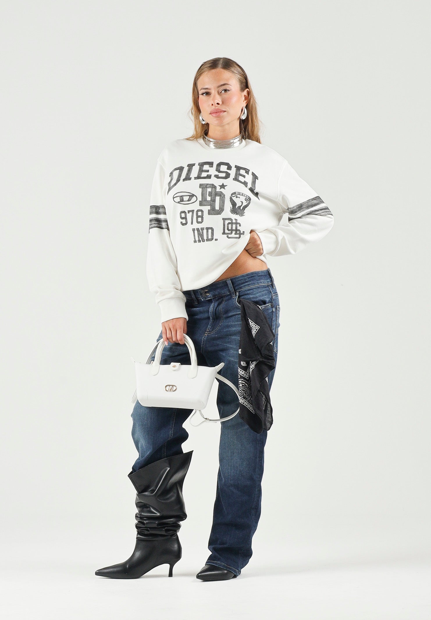 DIESEL Felpa SBAND Off White, per donna, ragazzi e bambini con stampe logo stile college, J029880GEAD K141 DIESEL
