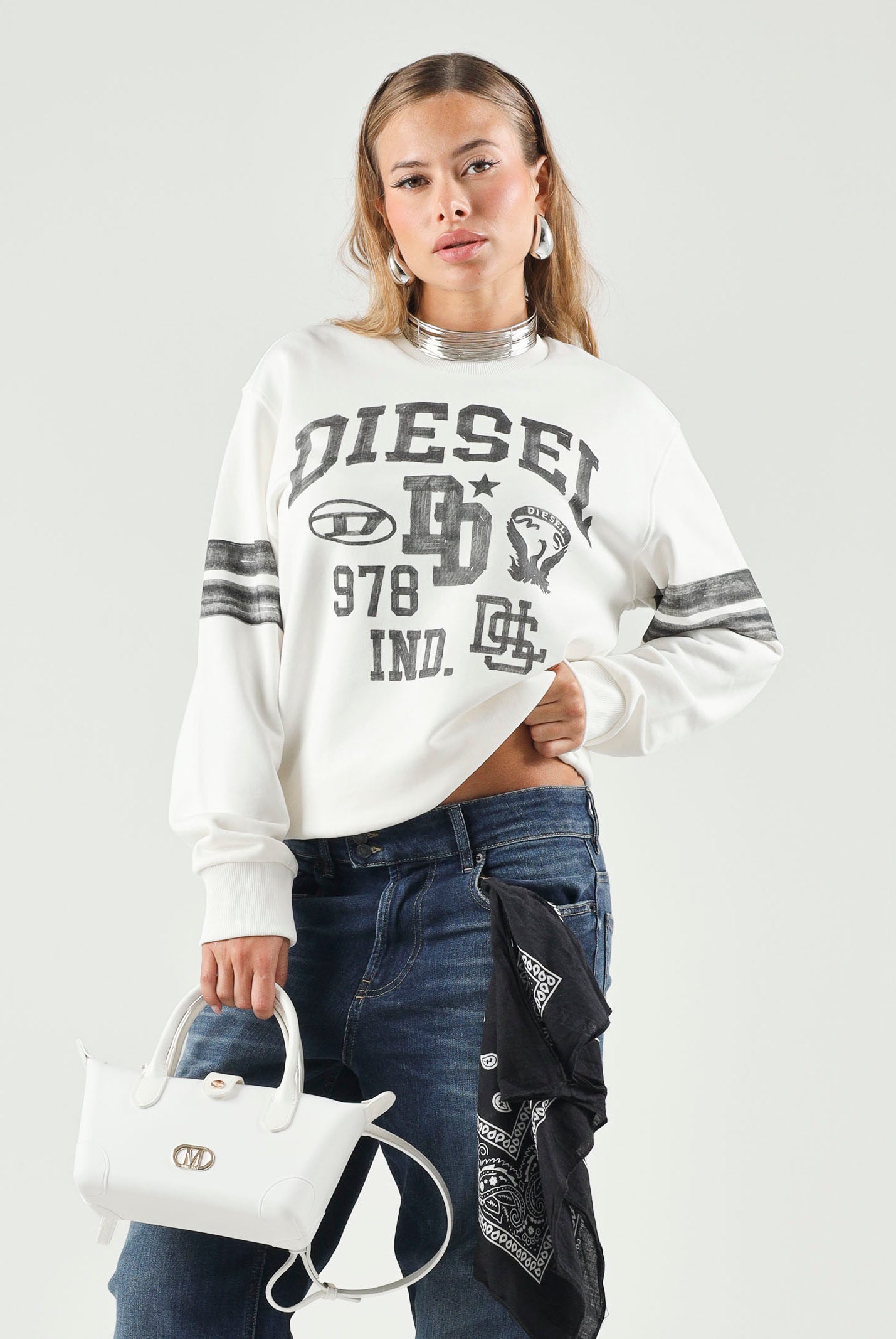 DIESEL Felpa SBAND Off White, per donna, ragazzi e bambini con stampe logo stile college, J029880GEAD K141 DIESEL