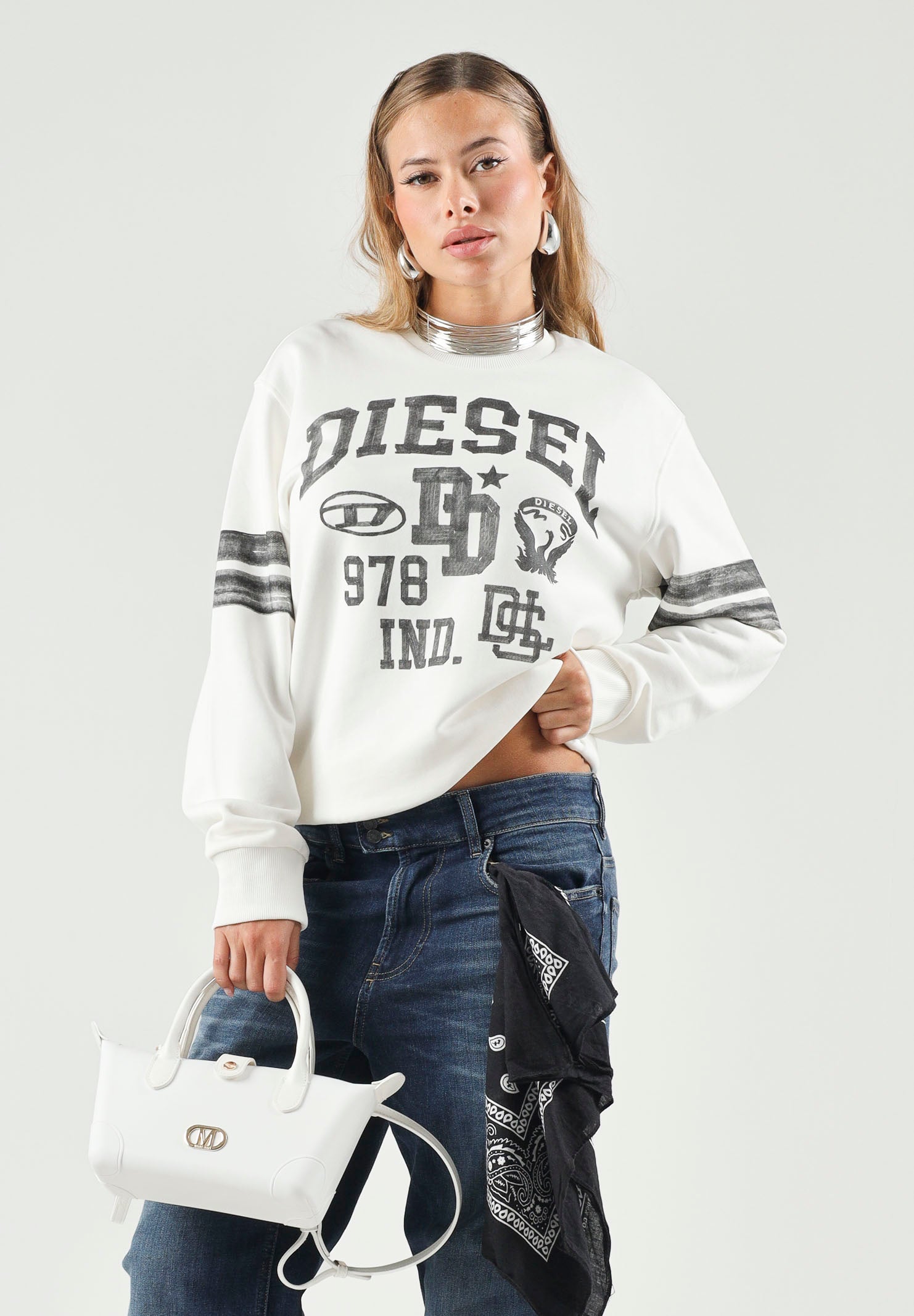 DIESEL Felpa SBAND Off White, per donna, ragazzi e bambini con stampe logo stile college, J029880GEAD K141 DIESEL