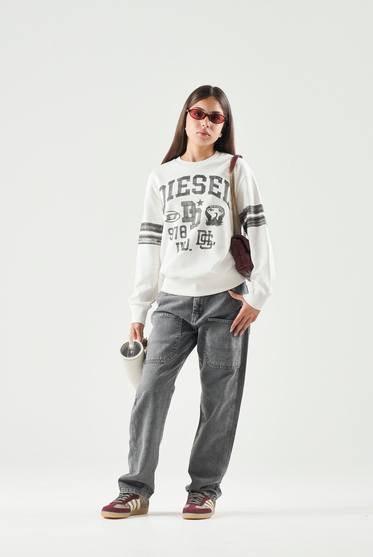 DIESEL Felpa SBAND Off White, per donna, ragazzi e bambini con stampe logo stile college, J029880GEAD K141 DIESEL
