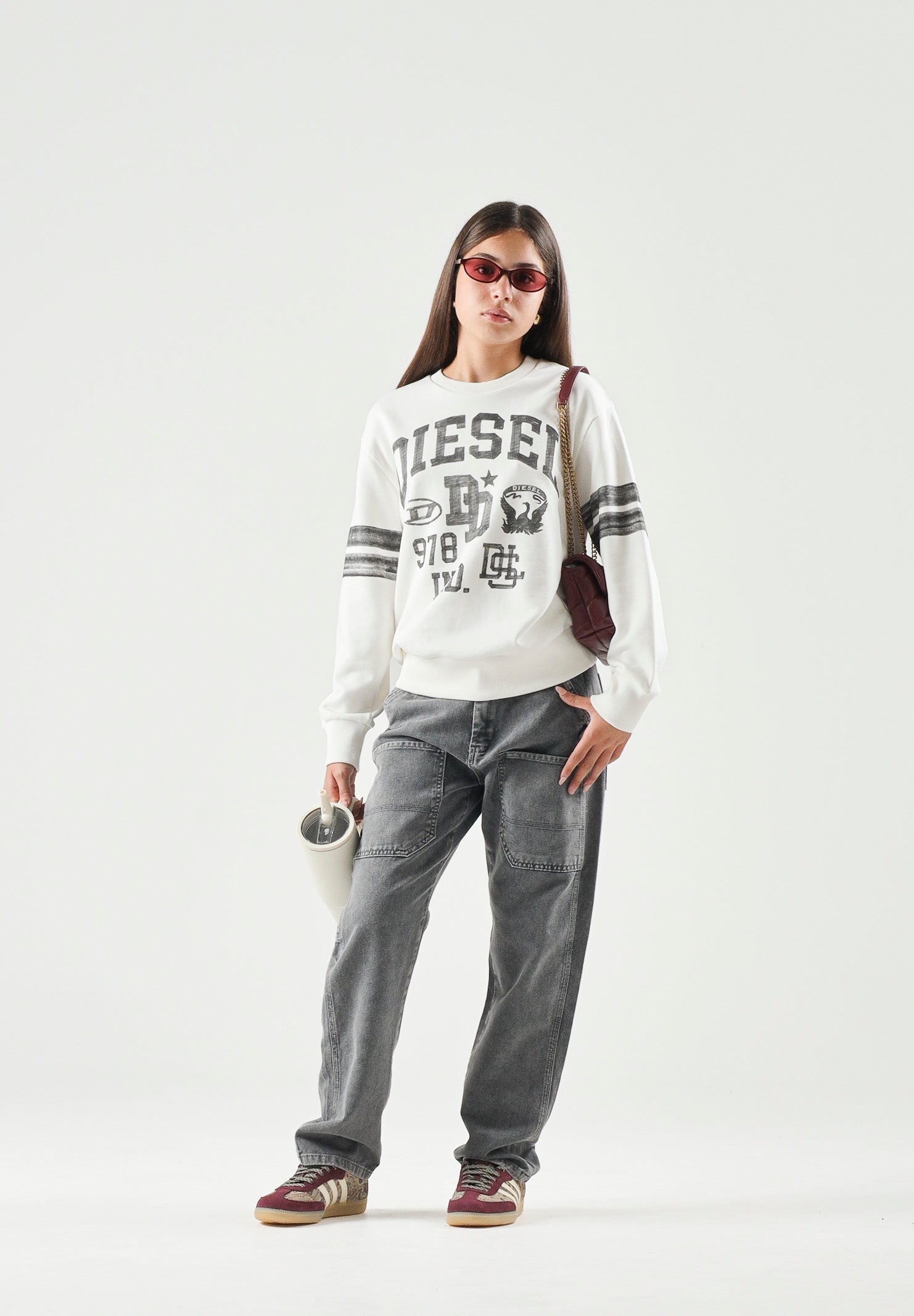 DIESEL Felpa SBAND Off White, per donna, ragazzi e bambini con stampe logo stile college, J029880GEAD K141 DIESEL