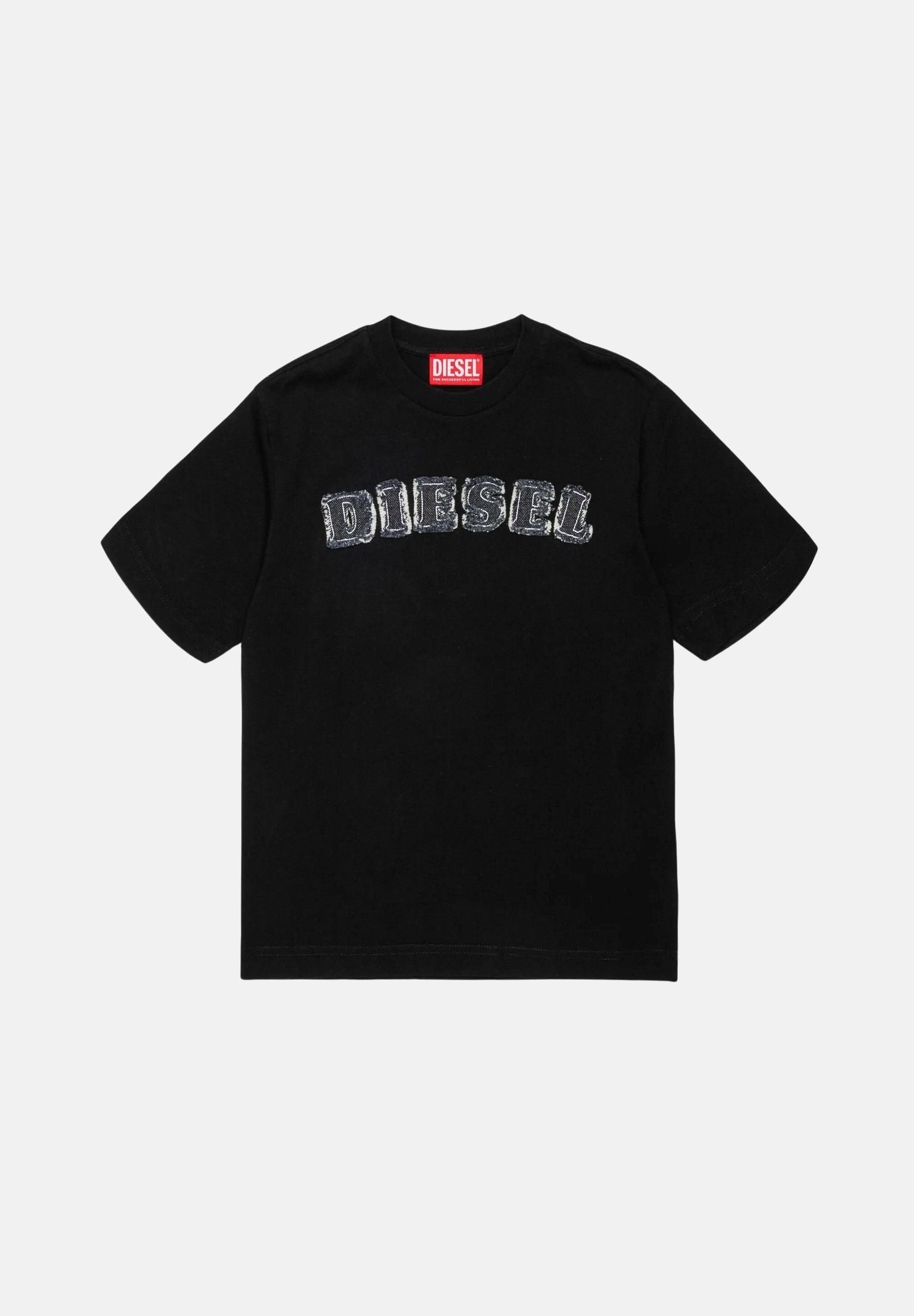DIESEL T-shirt TJEANS OVER nera per donna, ragazzi e bambini con logo Diesel frontale effetto sfrangiato J02992KYA1Y K900 DIESEL