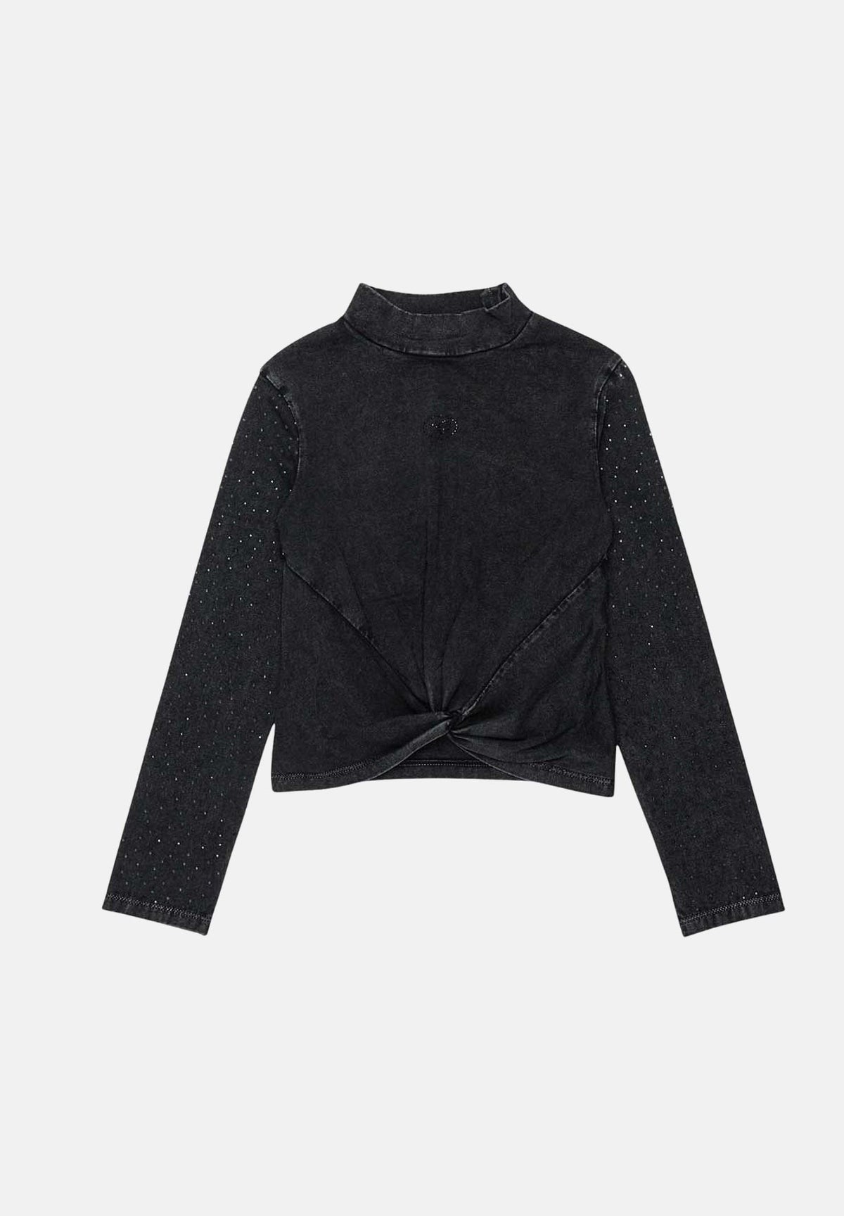 DIESEL T-shirt manica lunga TKNOT nera per donna, ragazza e bambina con dettaglio incrociato annodato e dettaglio strass sulle spalle J03011KYA2K K900 DIESEL
