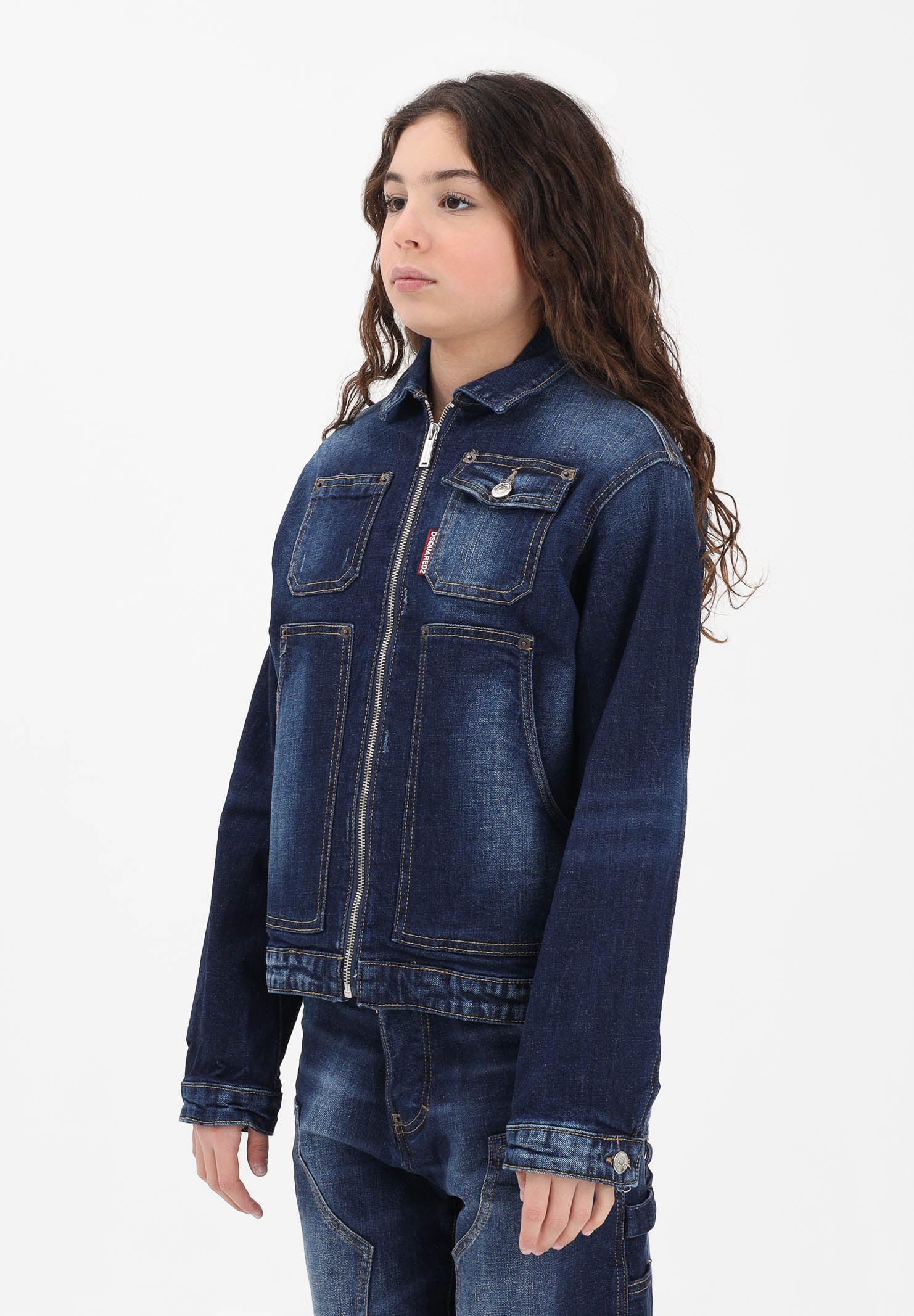 DSQUARED2 Giubbotto di jeans in denim blu per donna, ragazzi e bambini con logo DQ3239D0AFS DQ01 DSQUARED2