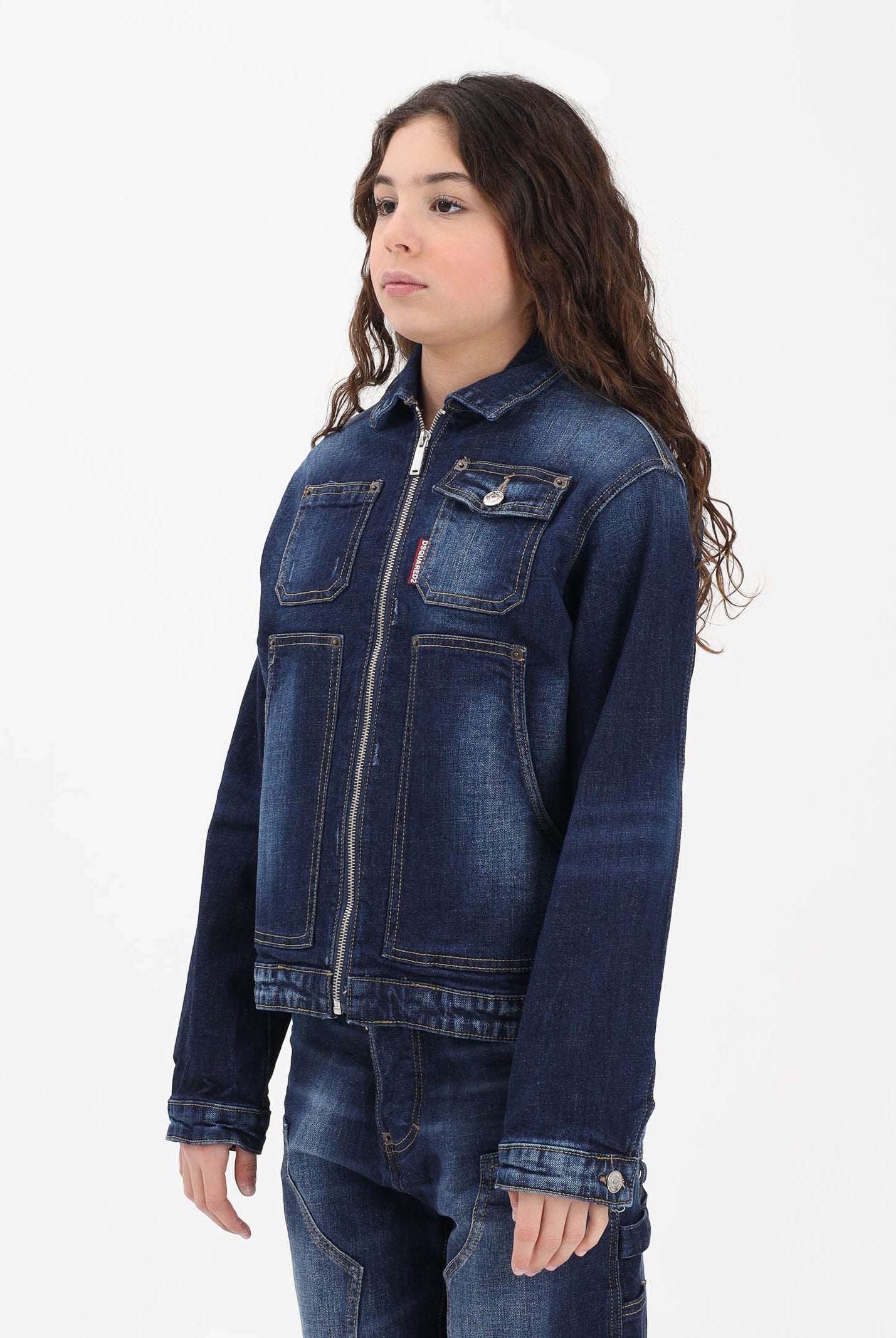 DSQUARED2 Giubbotto di jeans in denim blu per donna, ragazzi e bambini con logo DQ3239D0AFS DQ01 DSQUARED2