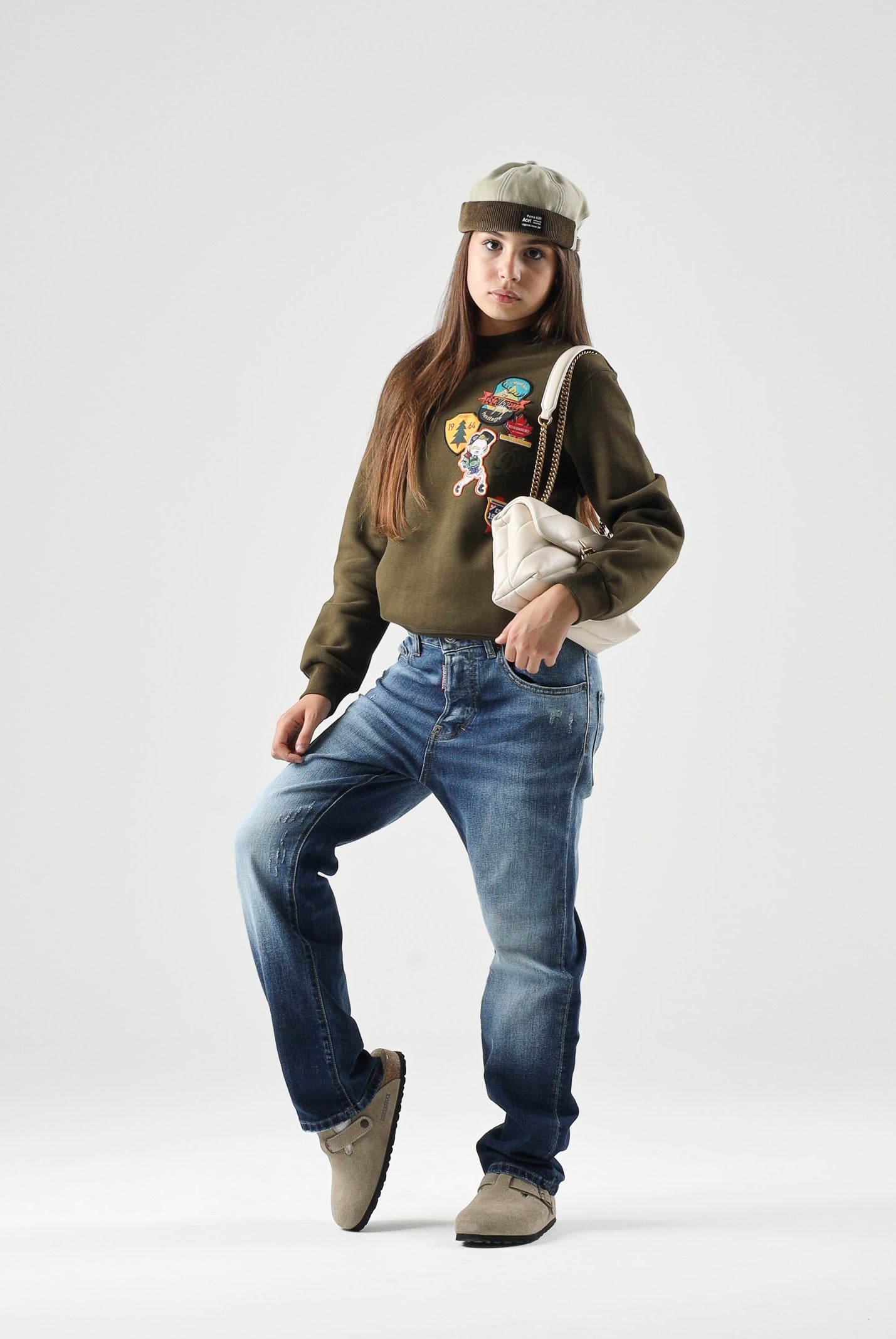 DSQUARED2 Felpa girocollo tarmac-verde per donna, ragazzi e bambini con applicazioni patch DQ3398D0AI5 DQ558 DSQUARED2
