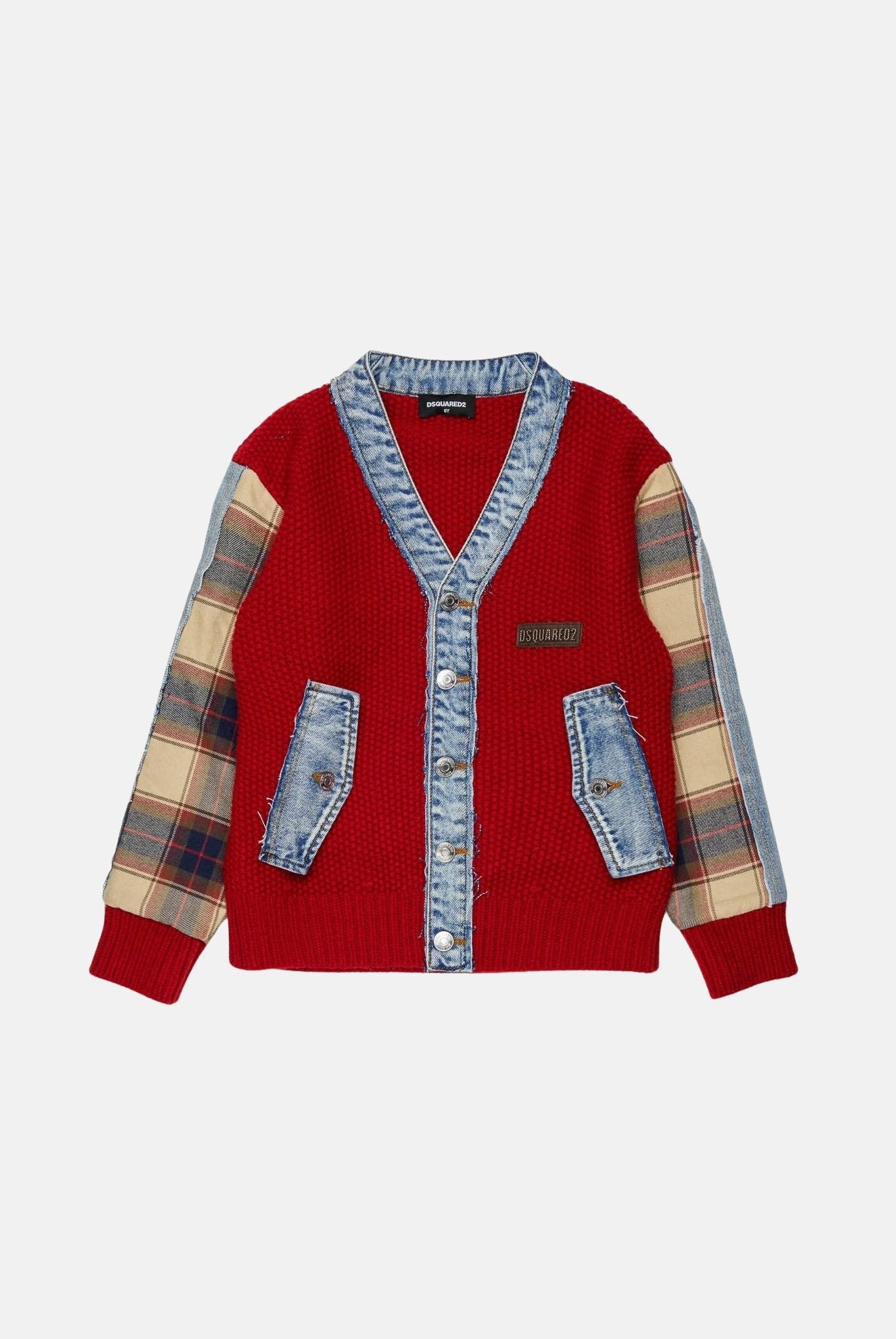 DSQUARED2 Cardigan in maglia rubin red, rosso, per donna, ragazzzi e bambini con maniche a quadri DQ3407D0AJC DQ452 DSQUARED2